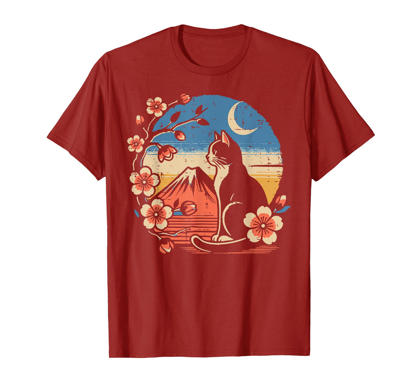 Japanese Tuxedo Cat Cherry Blossoms Retro Art Men Women Kids T-Shirt