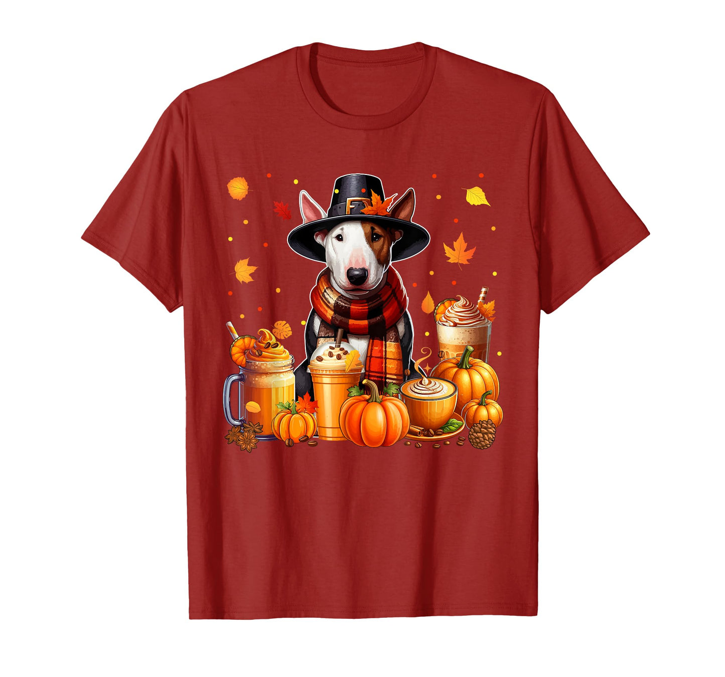 Bull Terrier Thanksgiving Drinks Coffee Fall Leaves Pumpkins T-Shirt