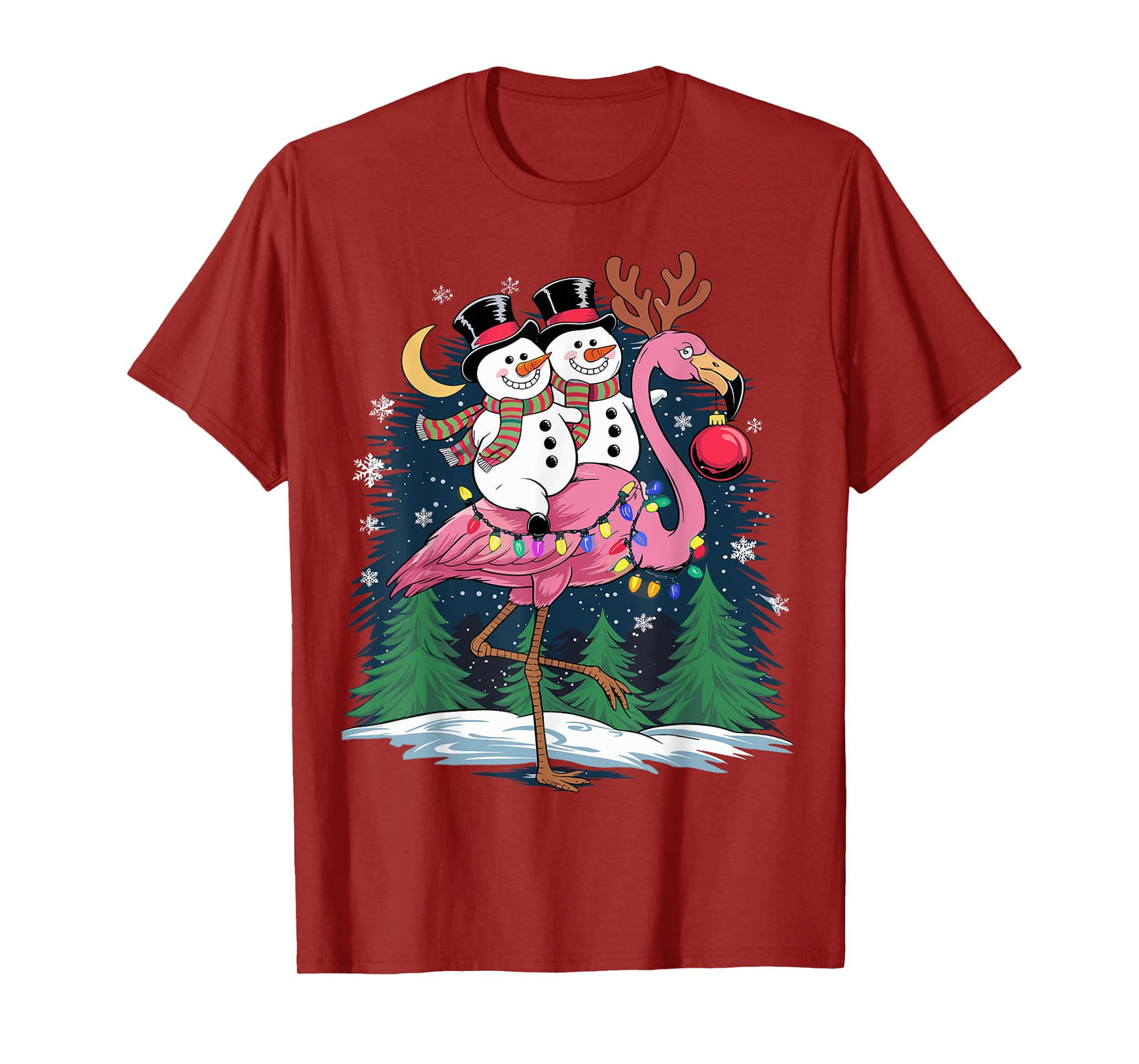 Christmas Snowman Riding Flamingo Xmas Girls Women T-Shirt