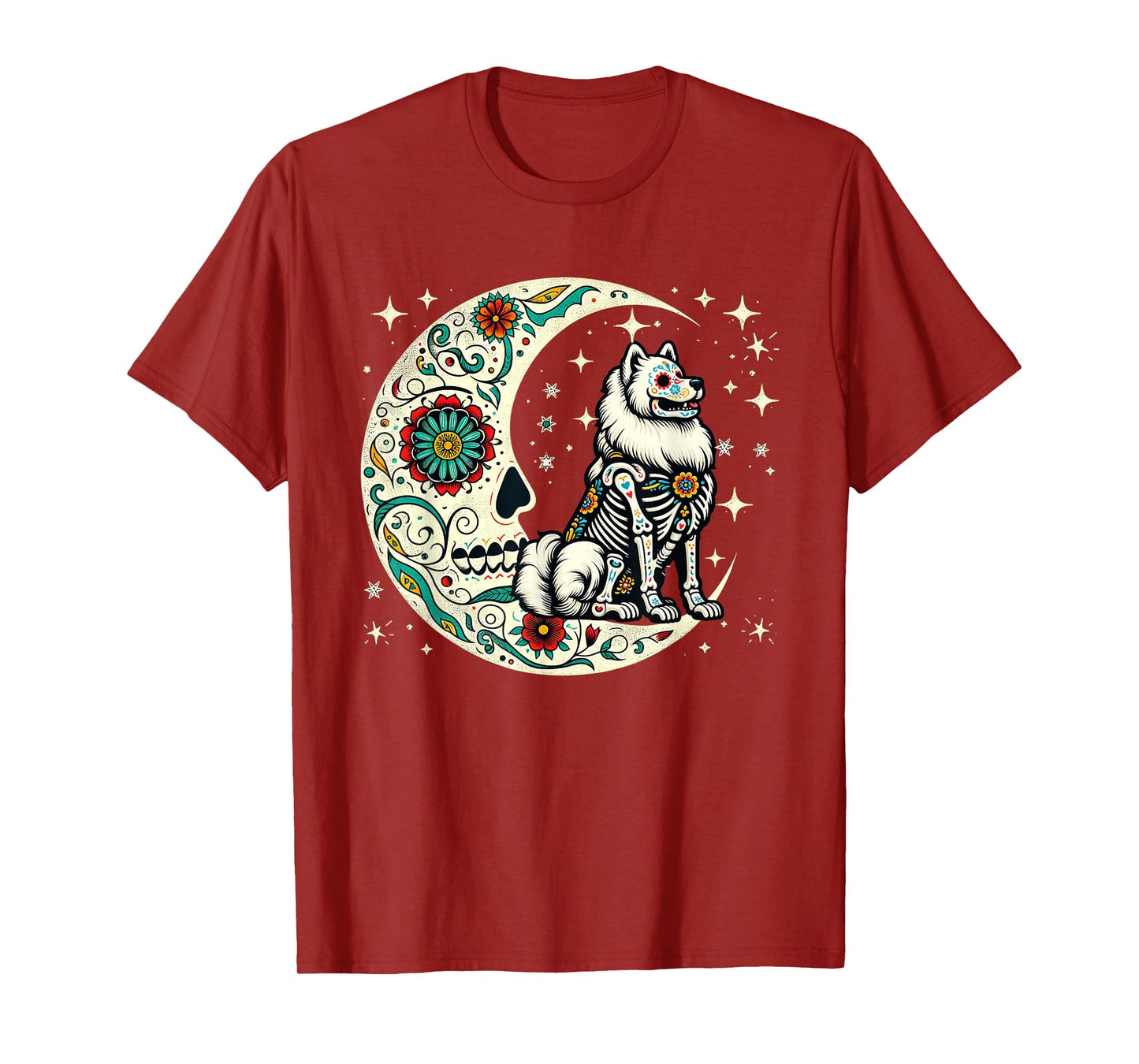 Dia De Los Muertos Halloween Moon Floral Skeleton Samoyed T-Shirt