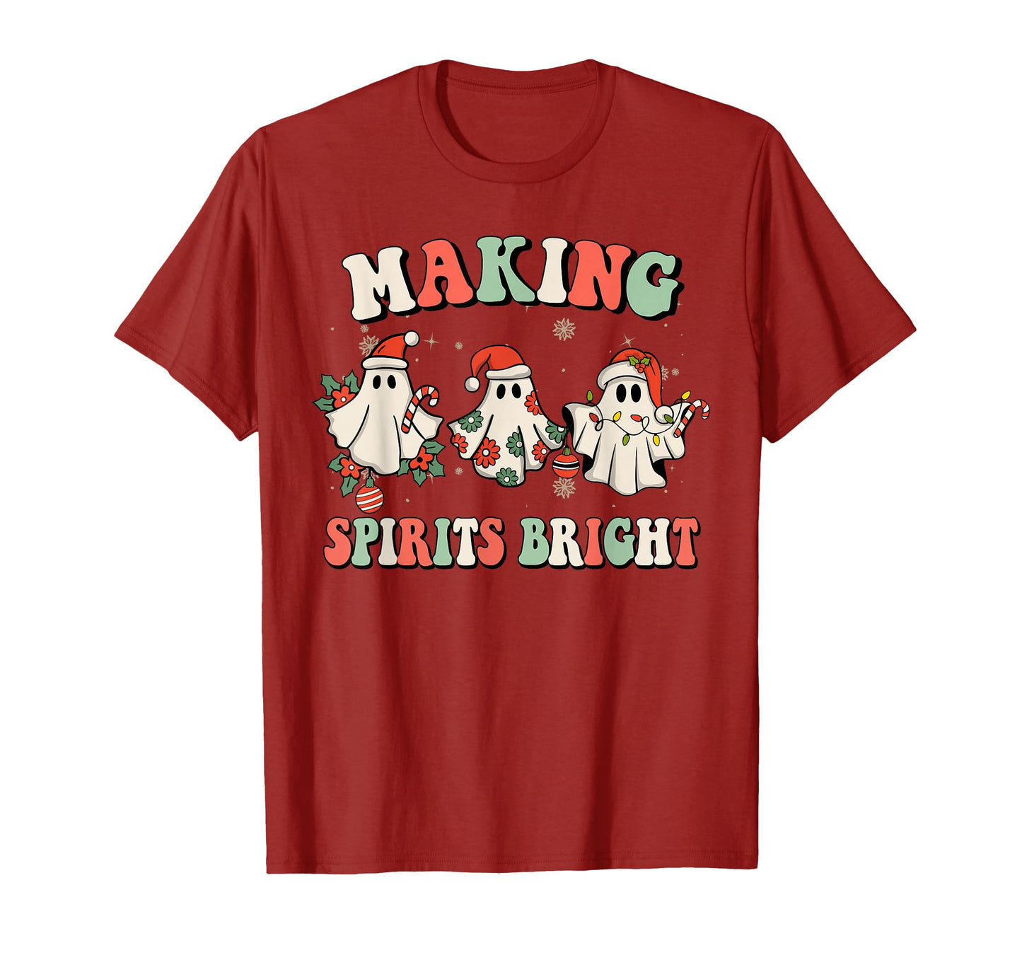 Retro Groovy Christmas Ghost Making Spirits Bright Pajamas T-Shirt