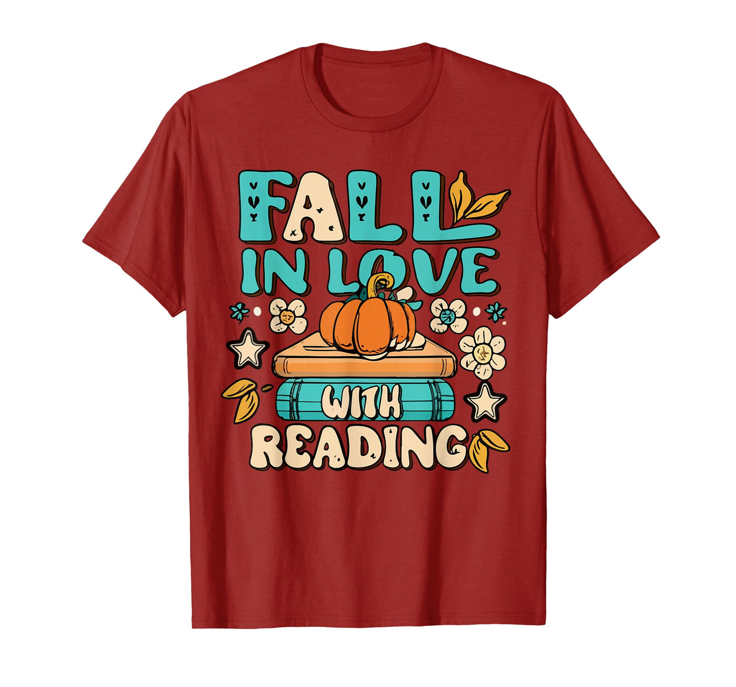Fall In Love With Reading Book Autumn Pumpkins And Teachers T-Shirt for Men Women Kids