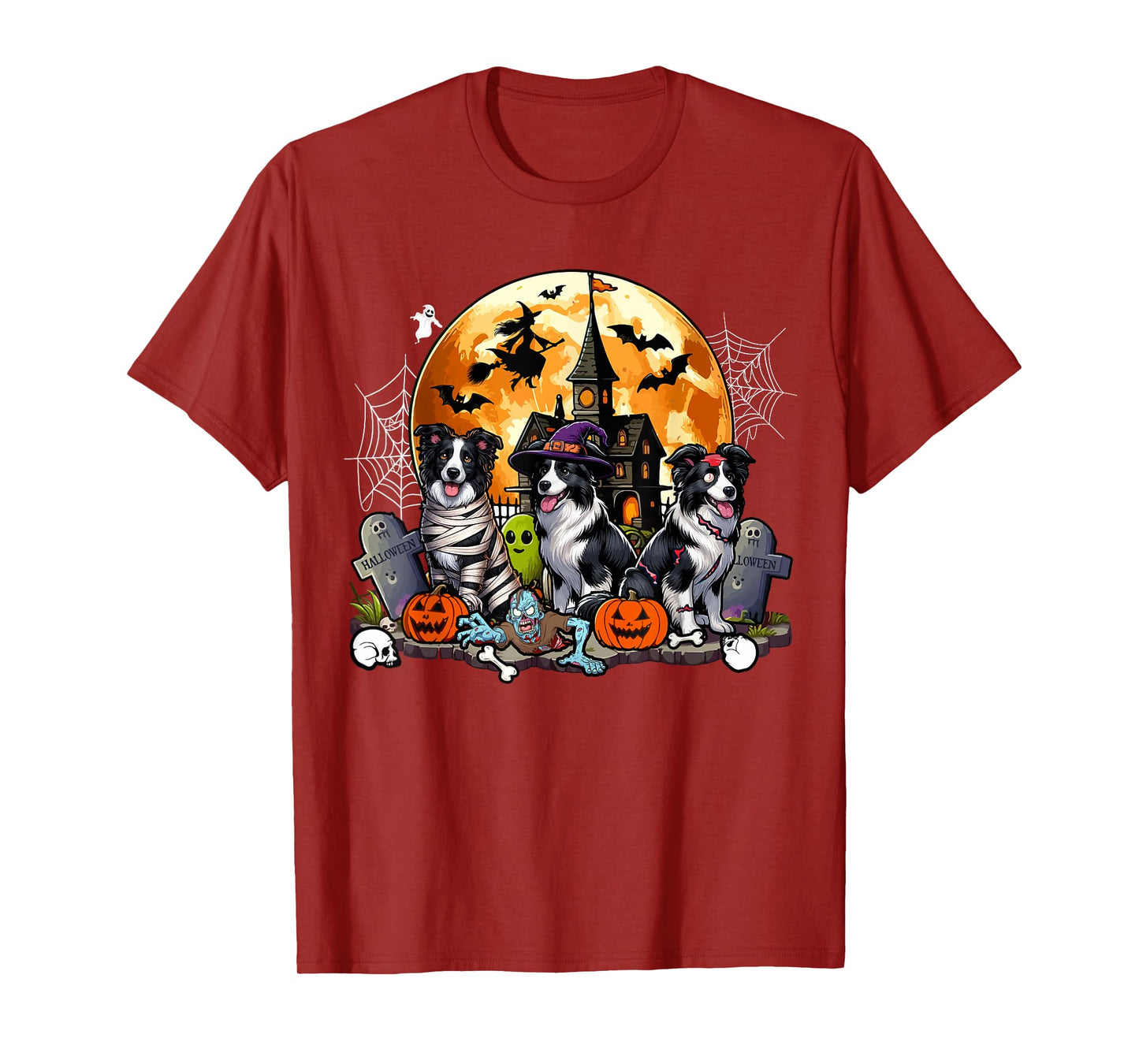 Three Halloween Border Collies As Horror Witch Mummy Zombie T-Shirt