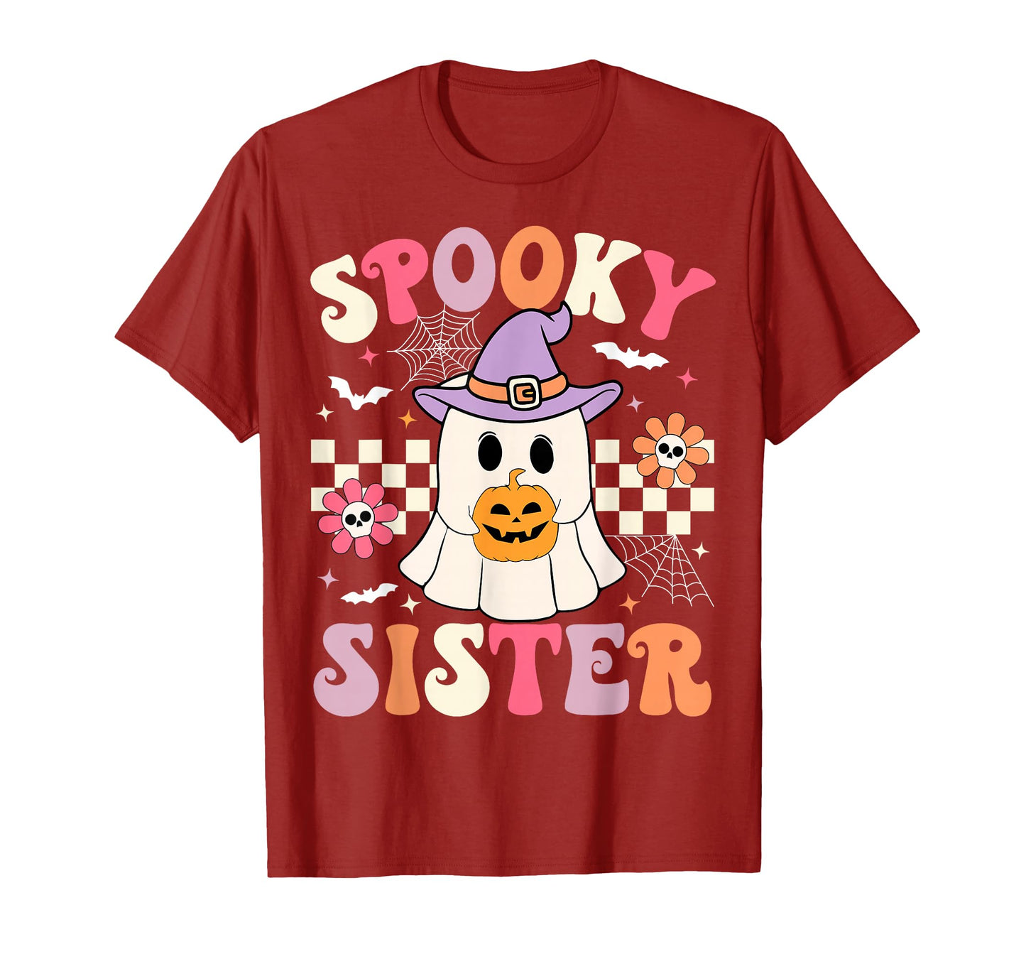 Groovy Spooky Sister Retro Ghost Holding Pumpkin Halloween T-Shirt