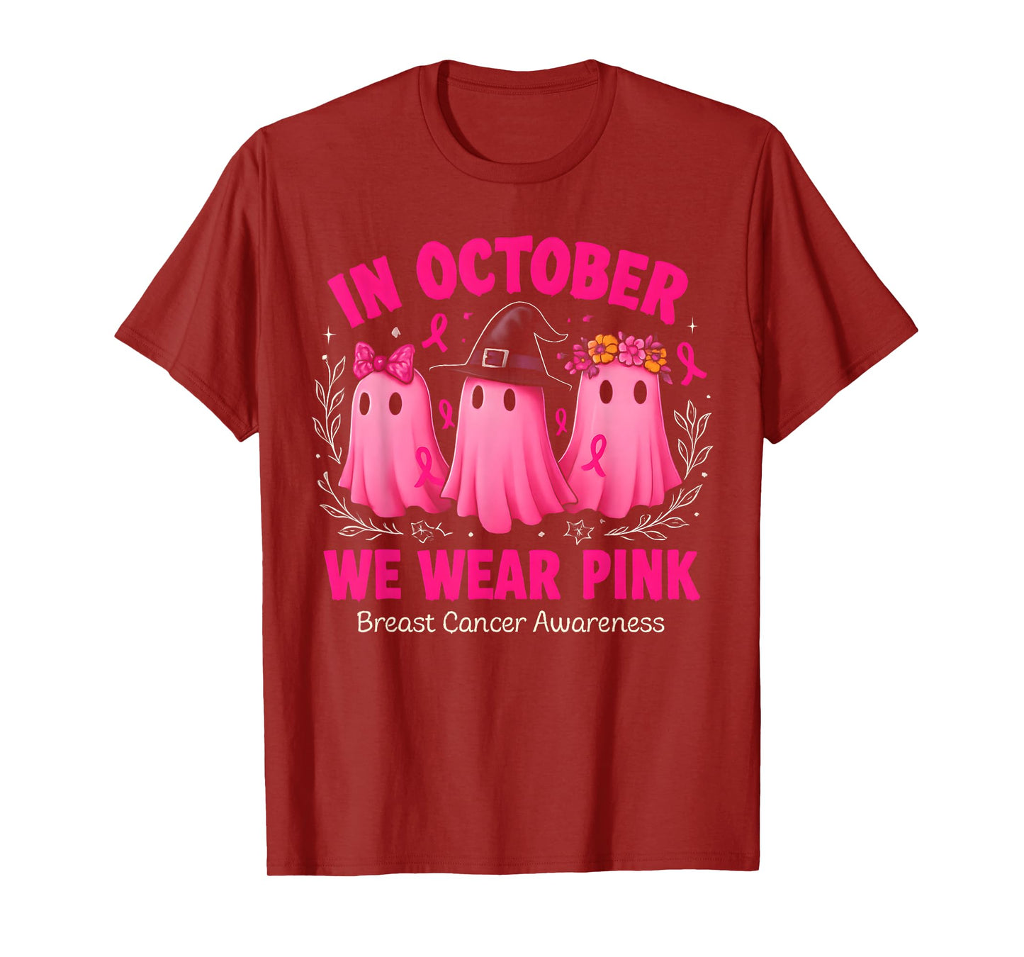 in October We Wear Pink Ghost Halloween Women Breast Cancer T-Shirt