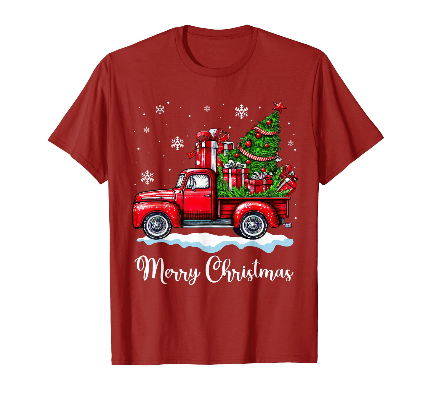 Vintage Merry Christmas Red Truck Funny Xmas Tree Boys Men T-Shirt