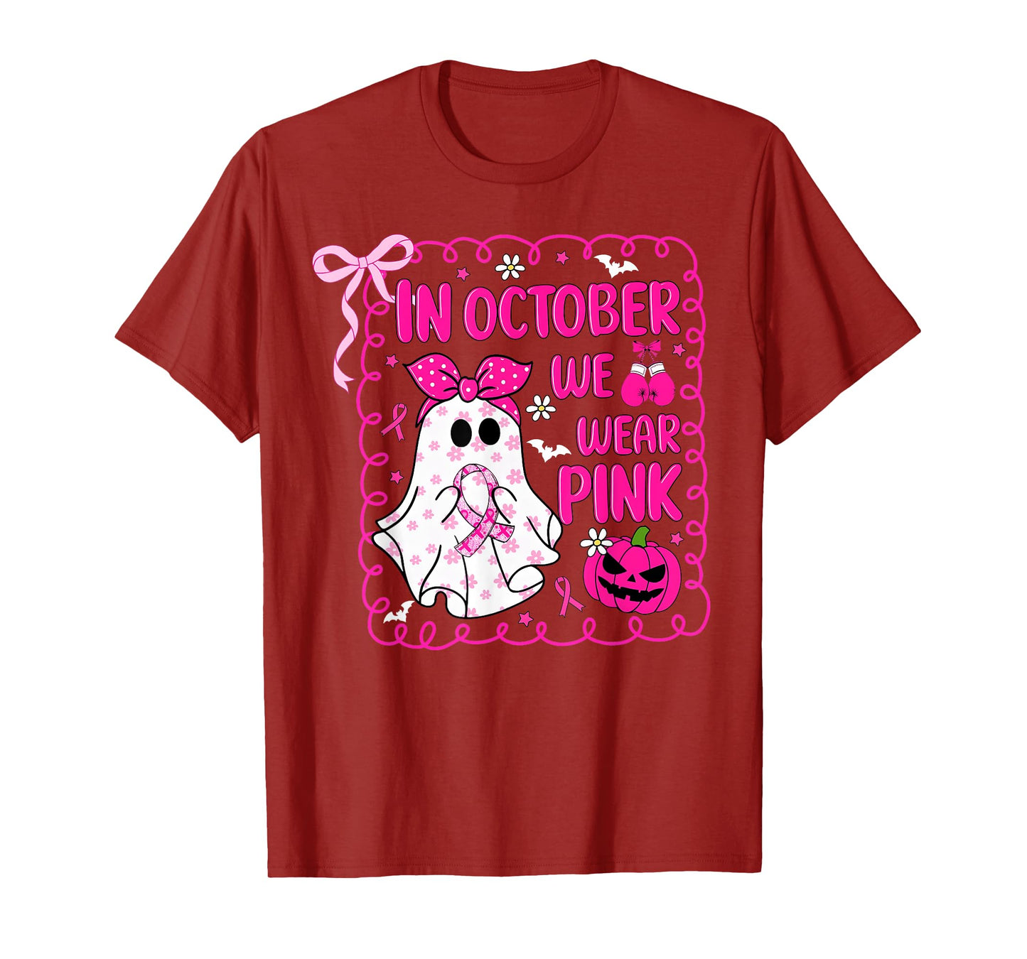 in October We Wear Pink Bow Ghost Breast Cancer Awareness T-Shirt