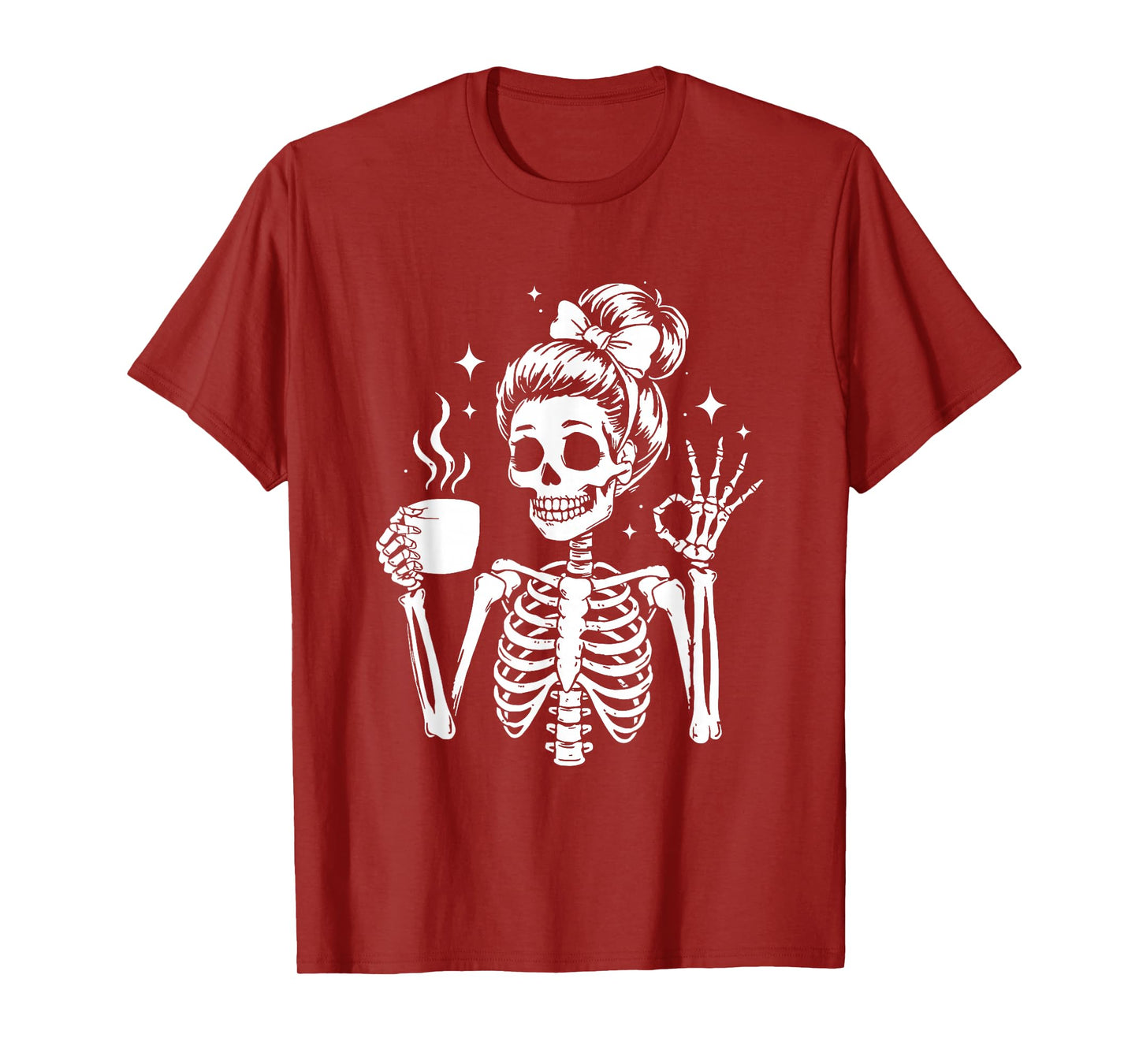 Messy Bun Drinking Coffee for Women Skeleton Tired Mom T-Shirt