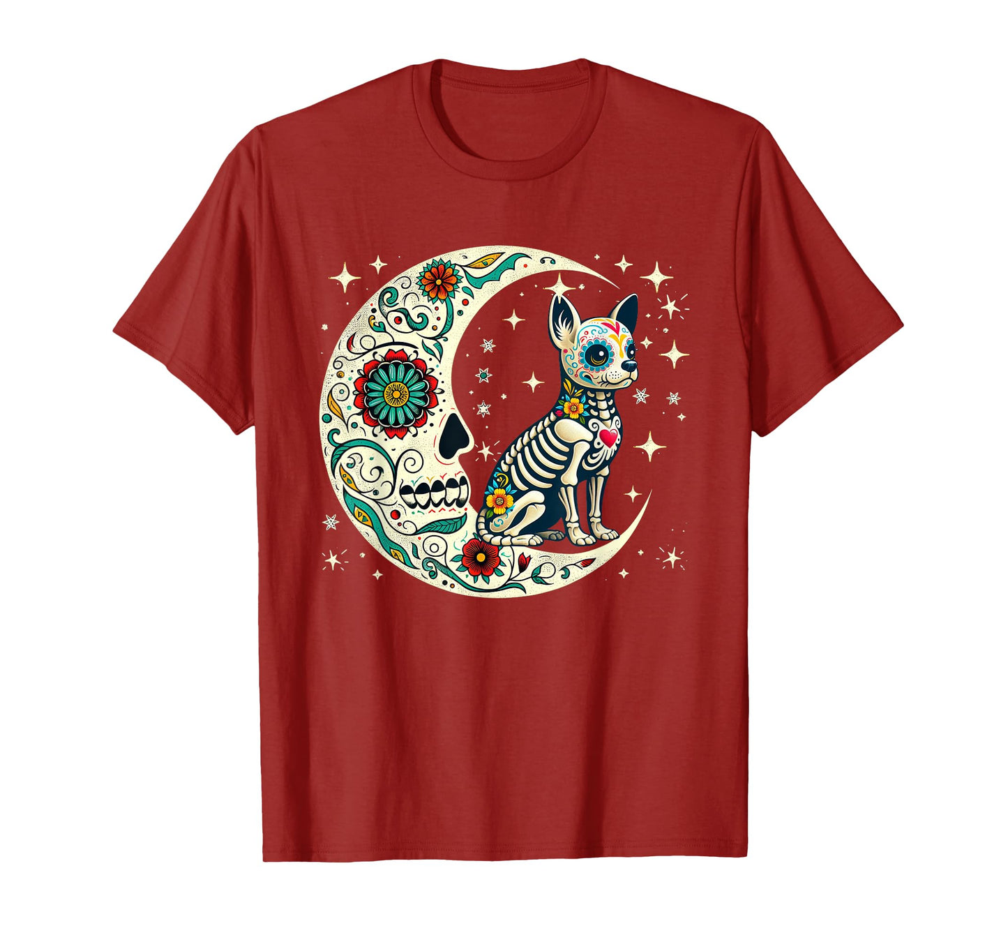 Dia De Los Muertos Halloween Moon Floral Skeleton Chihuahua T-Shirt