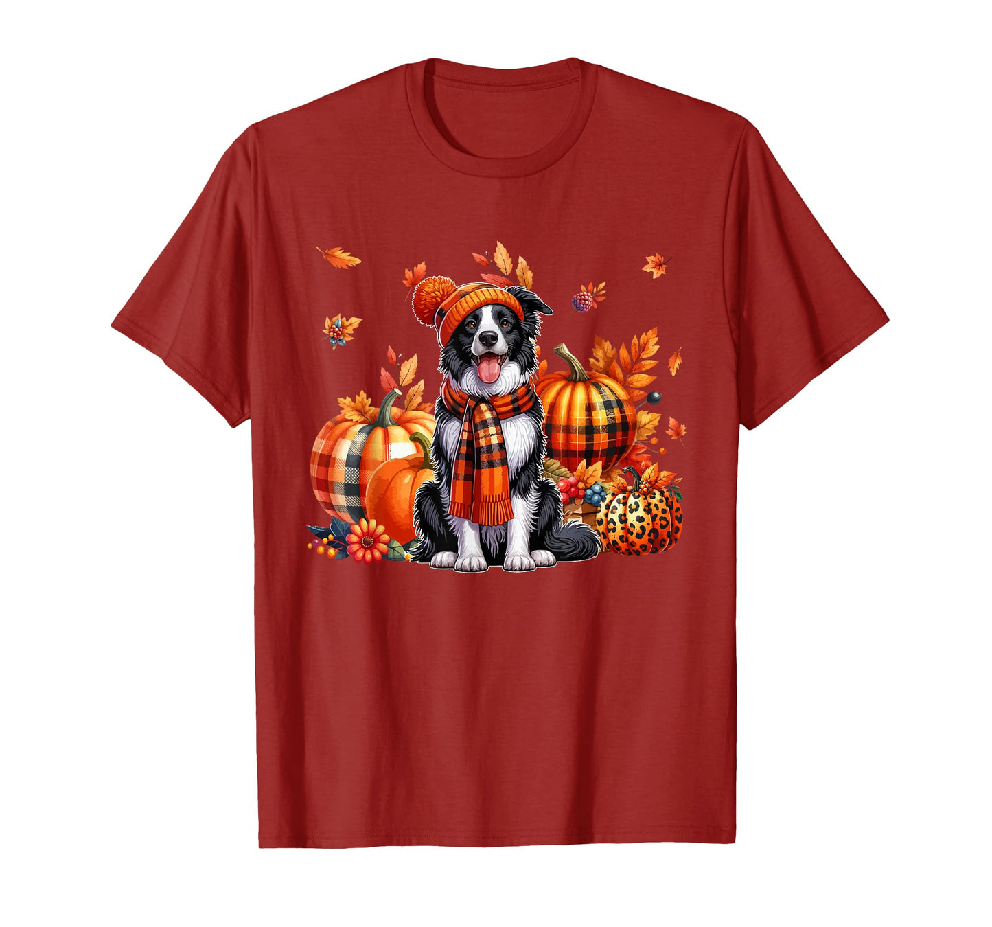Border Collie Thanksgiving Leopard Pumpkins Fall Leaves T-Shirt