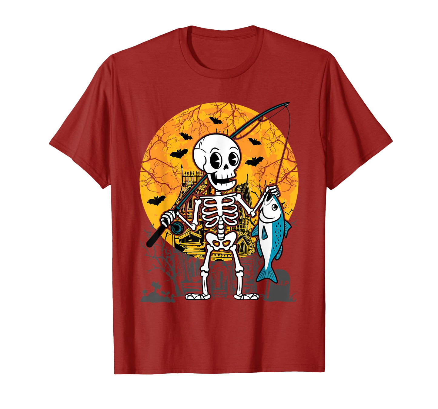 Halloween Skeleton Fishing Costume Fisherman Men Boys Kids T-Shirt