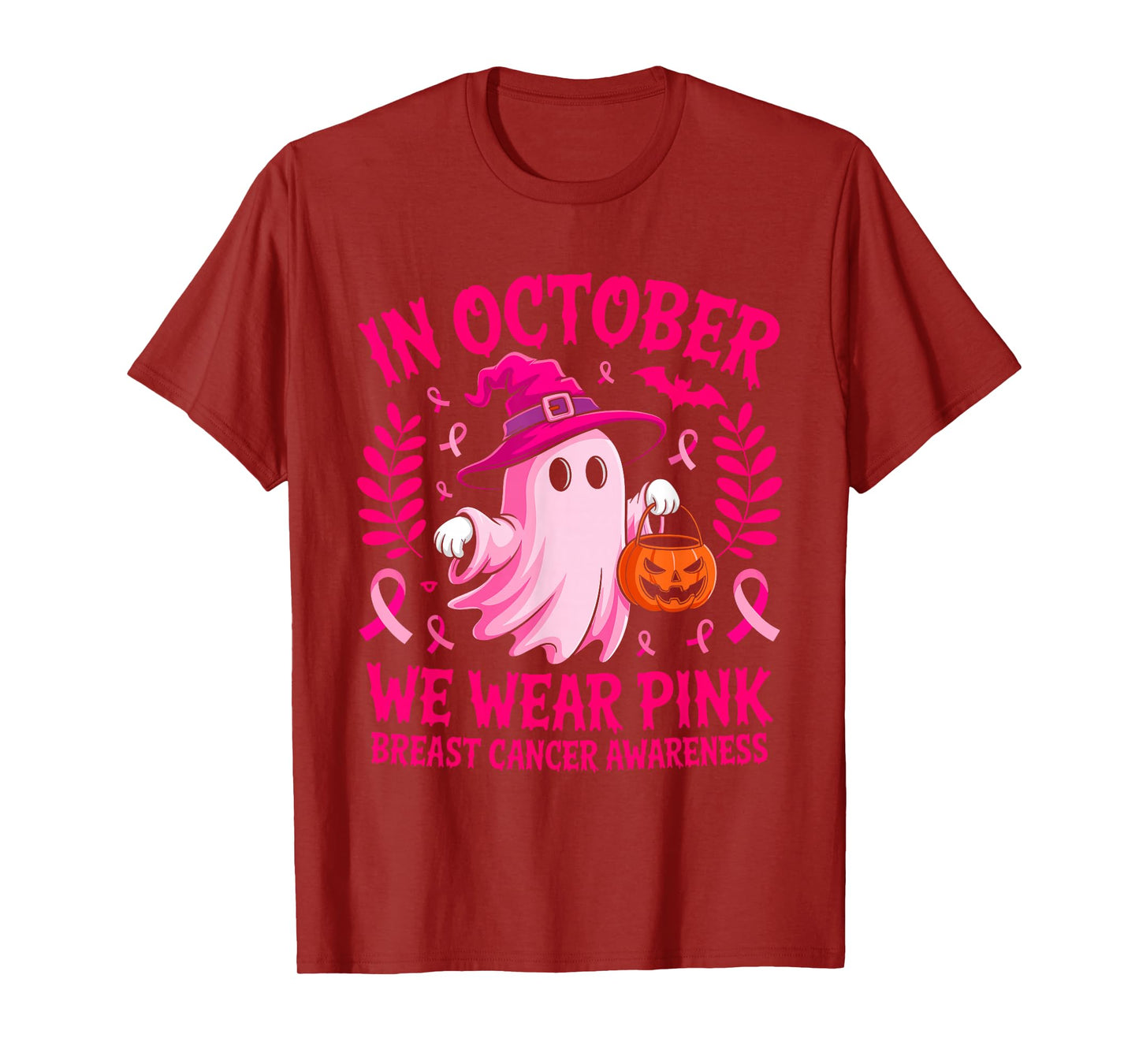 in October We Wear Pink Ghost Halloween Awareness for Women T-Shirt
