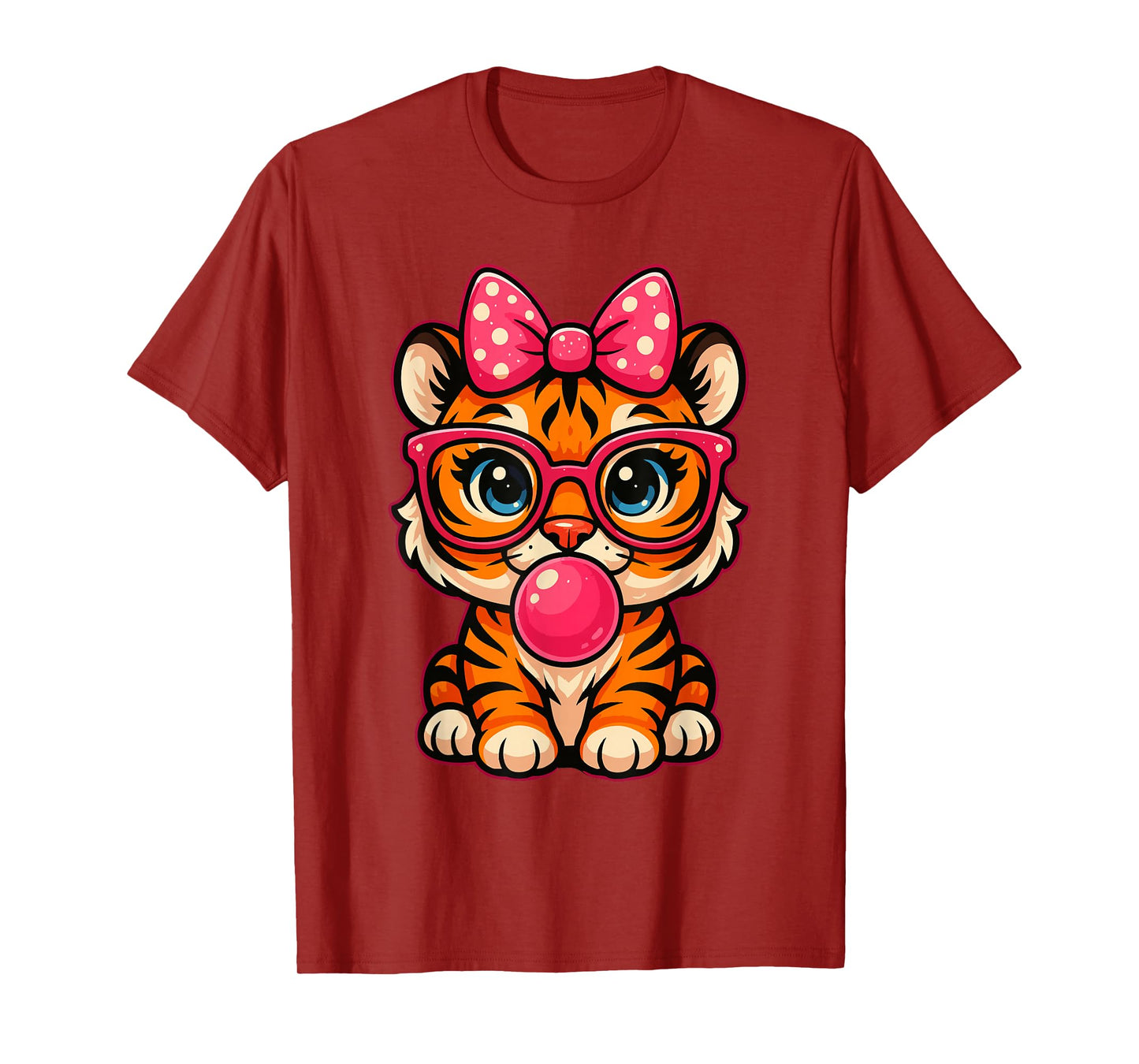 Funny Tiger Glasses Blowing Bubble Gum Bow Cute Tiger T-Shirt