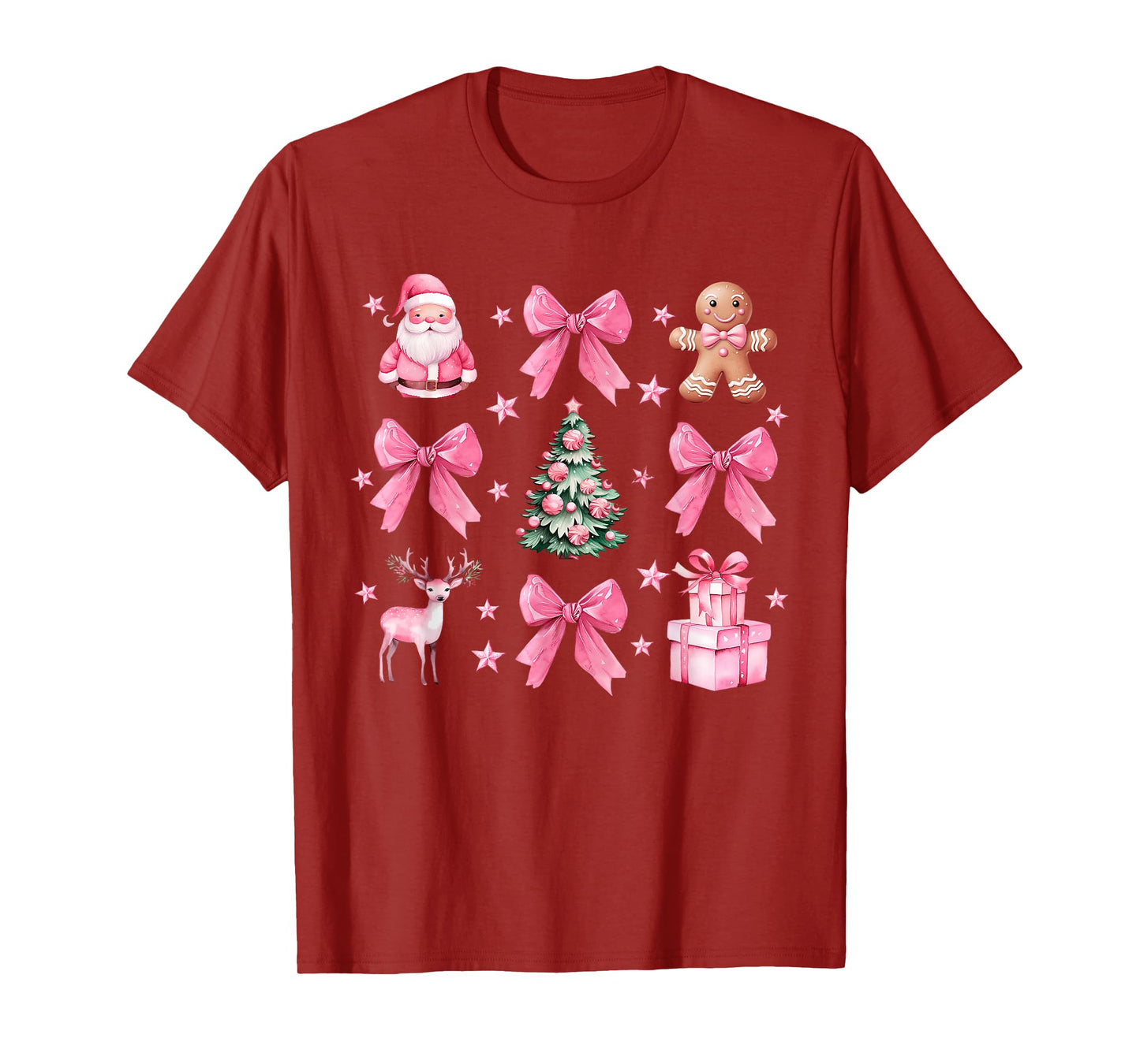 Cute Coquette Bow Pink Christmas Tree Santa Gingerbread Xmas T-Shirt