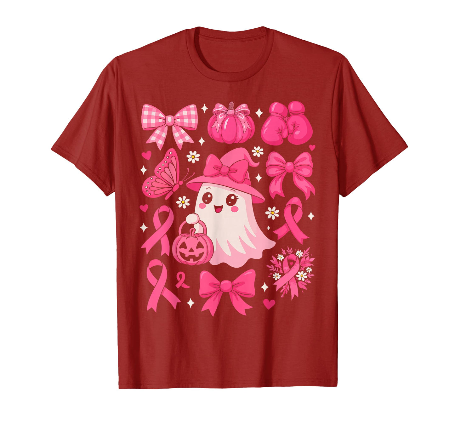 Floral Ghost Pink Ribbon Coquette Bow Pumpkin Breast Cancer T-Shirt