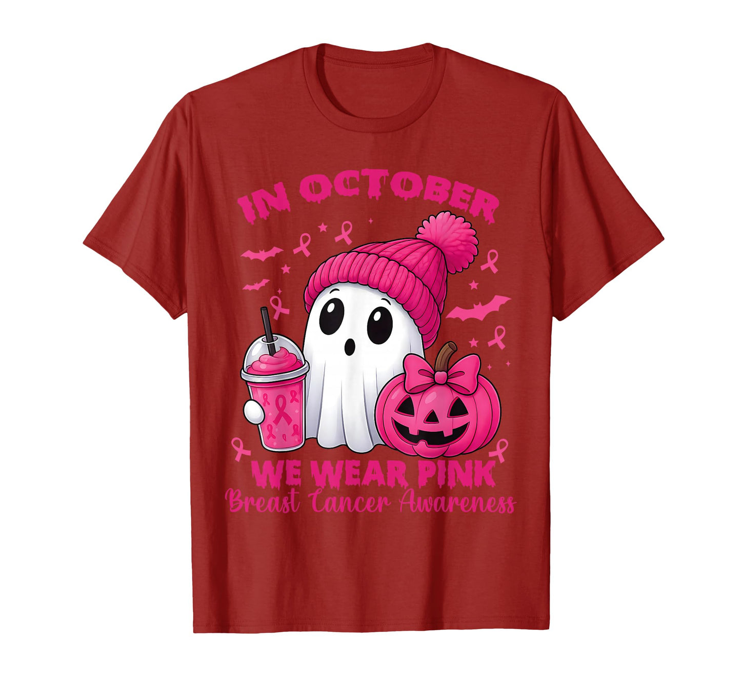 Breast Cancer Halloween Women in October We Wear Pink Bow T-Shirt