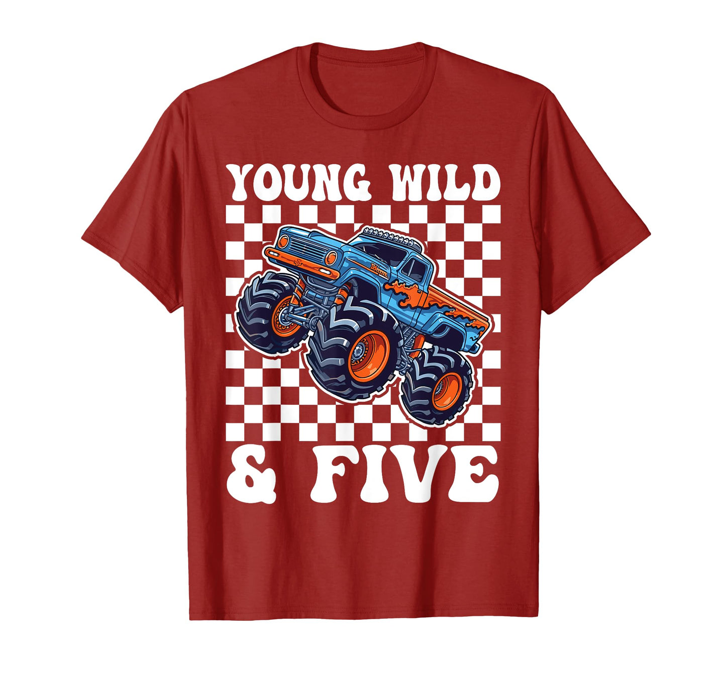 Kids 5th Birthday Monster Truck Young Wild and Five 5 Year T-Shirt