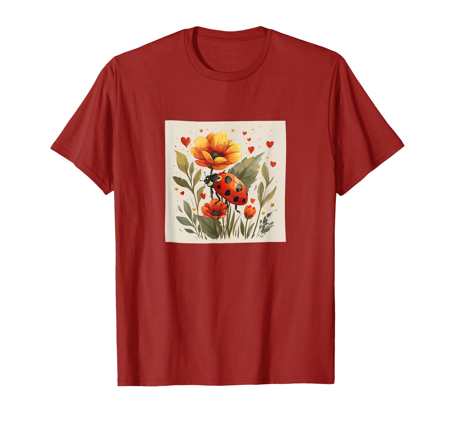 Ladybug Flowers With Hearts Around Boho Style Graphic T-Shirt