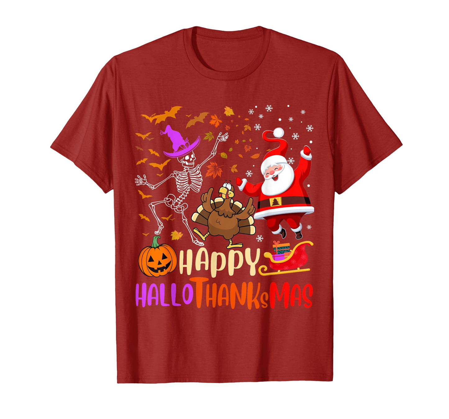 Happy Hallothanksmas Skeleton Pumpkin Turkey Santa Dancing T-Shirt