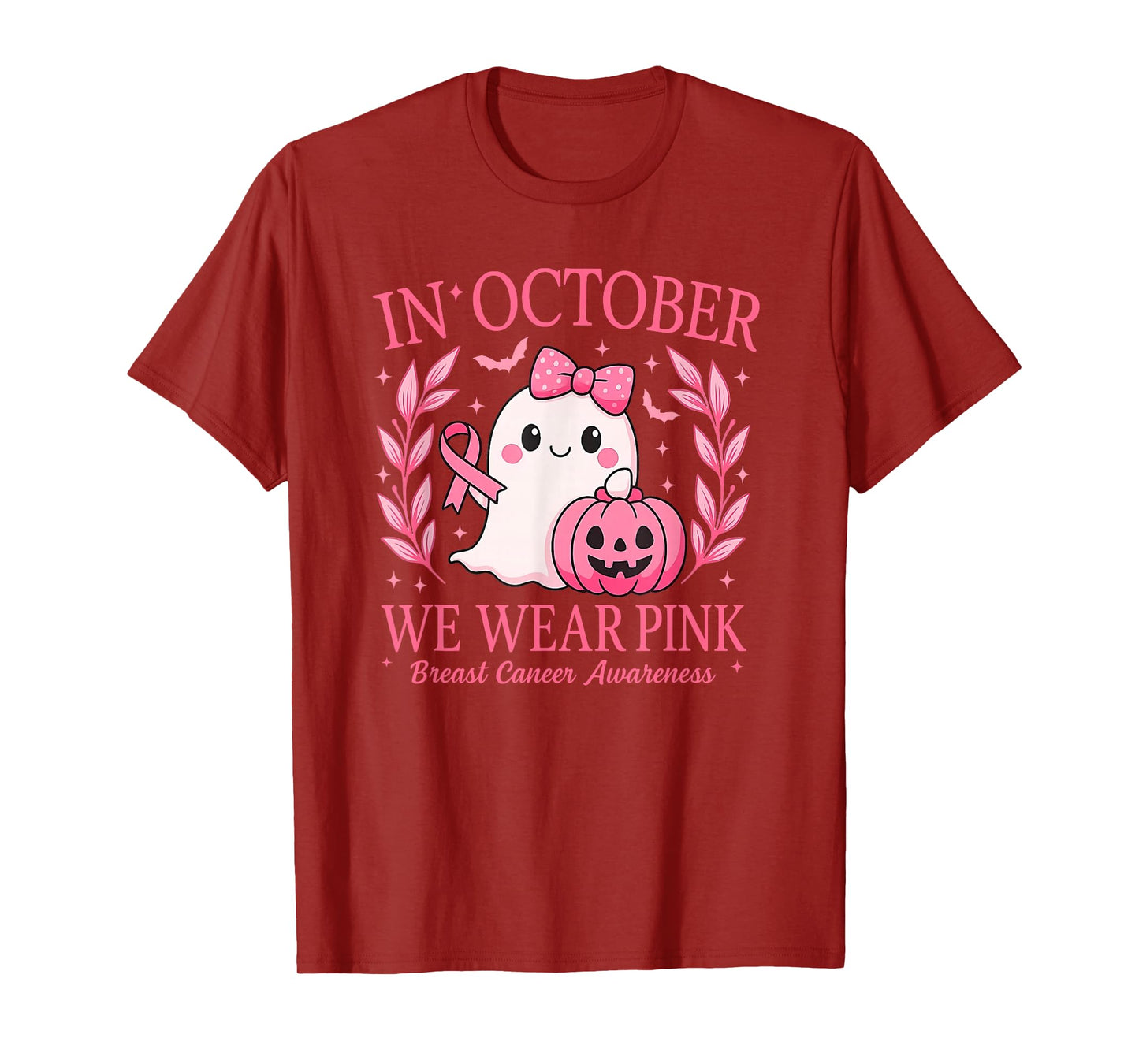 in October We Wear Pink Ghost Witch Breast Cancer Awareness T-Shirt