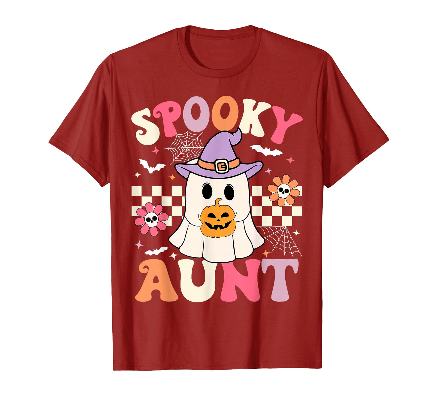 Groovy Spooky Aunt Ghost Holding Pumpkin Halloween Aunt T-Shirt