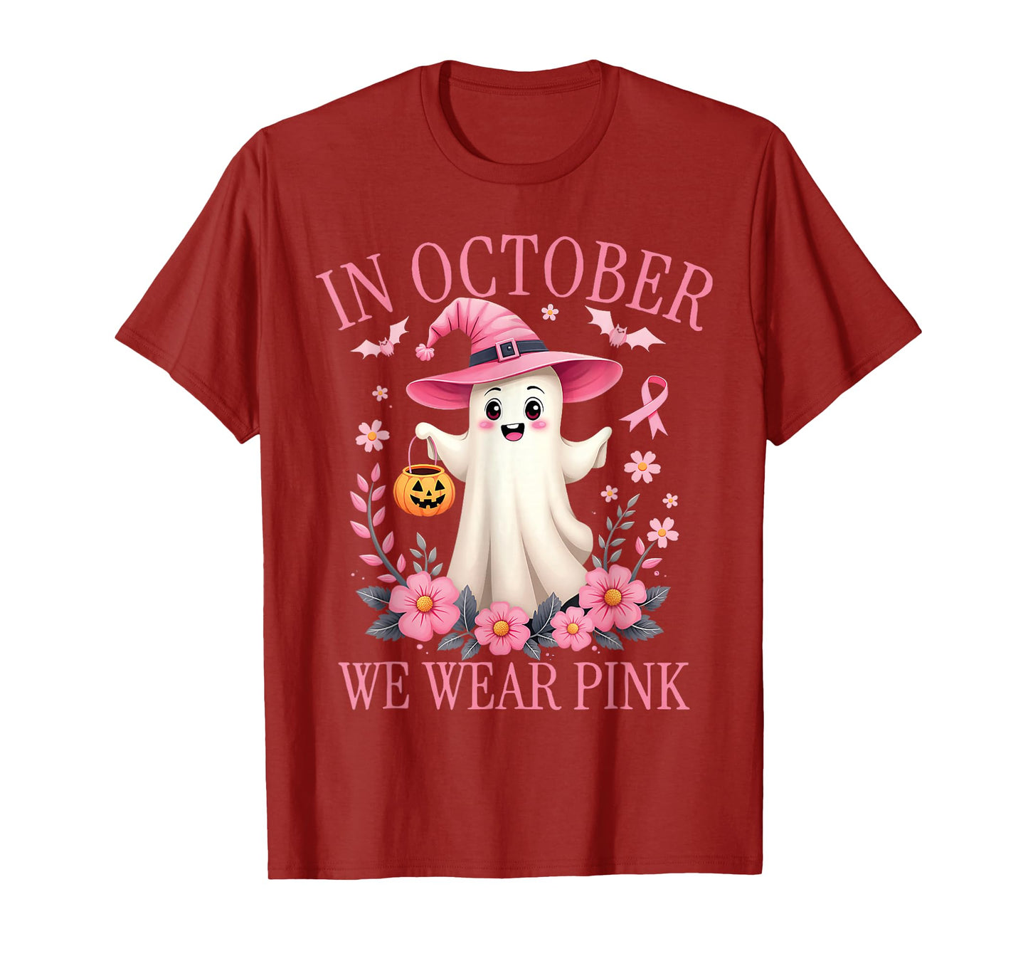 in October We Wear Pink Ghost Witch Breast Cancer Awareness T-Shirt