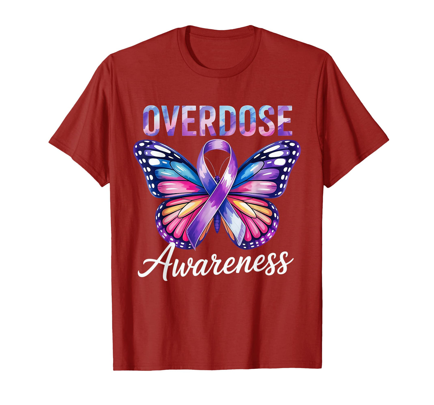 Overdose Awareness Purple Ribbon Butterfly Graphic Tee T-Shirt