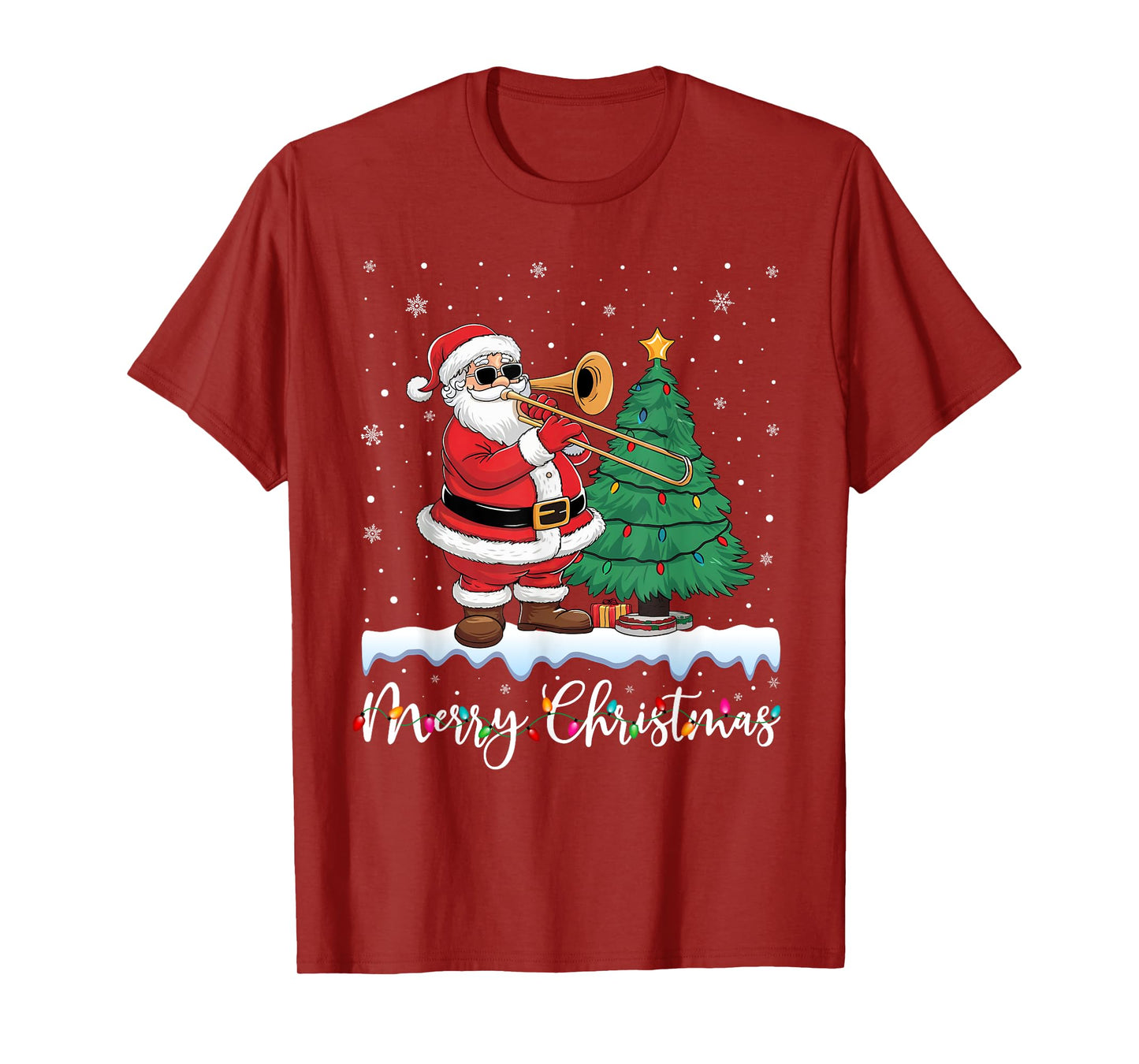 Merry Christmas Lights Santa Playing Trombone Ugly Xmas T-Shirt