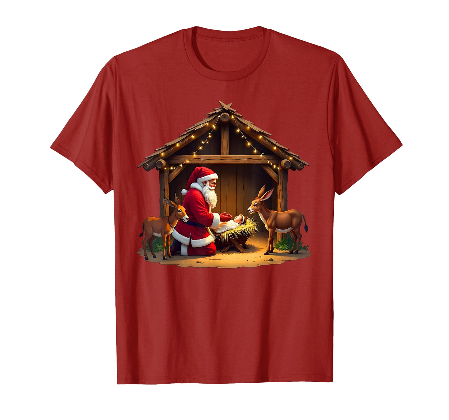 Kneeling Santa Claus & Baby Jesus Merry Christmas Christians T-Shirt