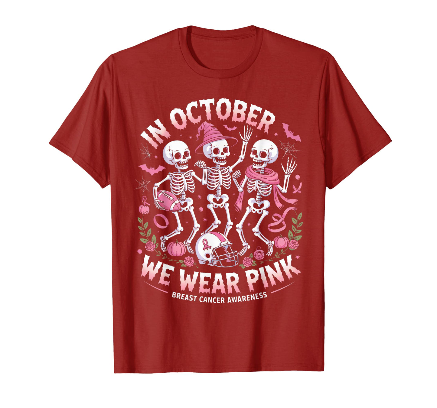 in October We Wear Pink Halloween Skeleton Breast Cancer T-Shirt