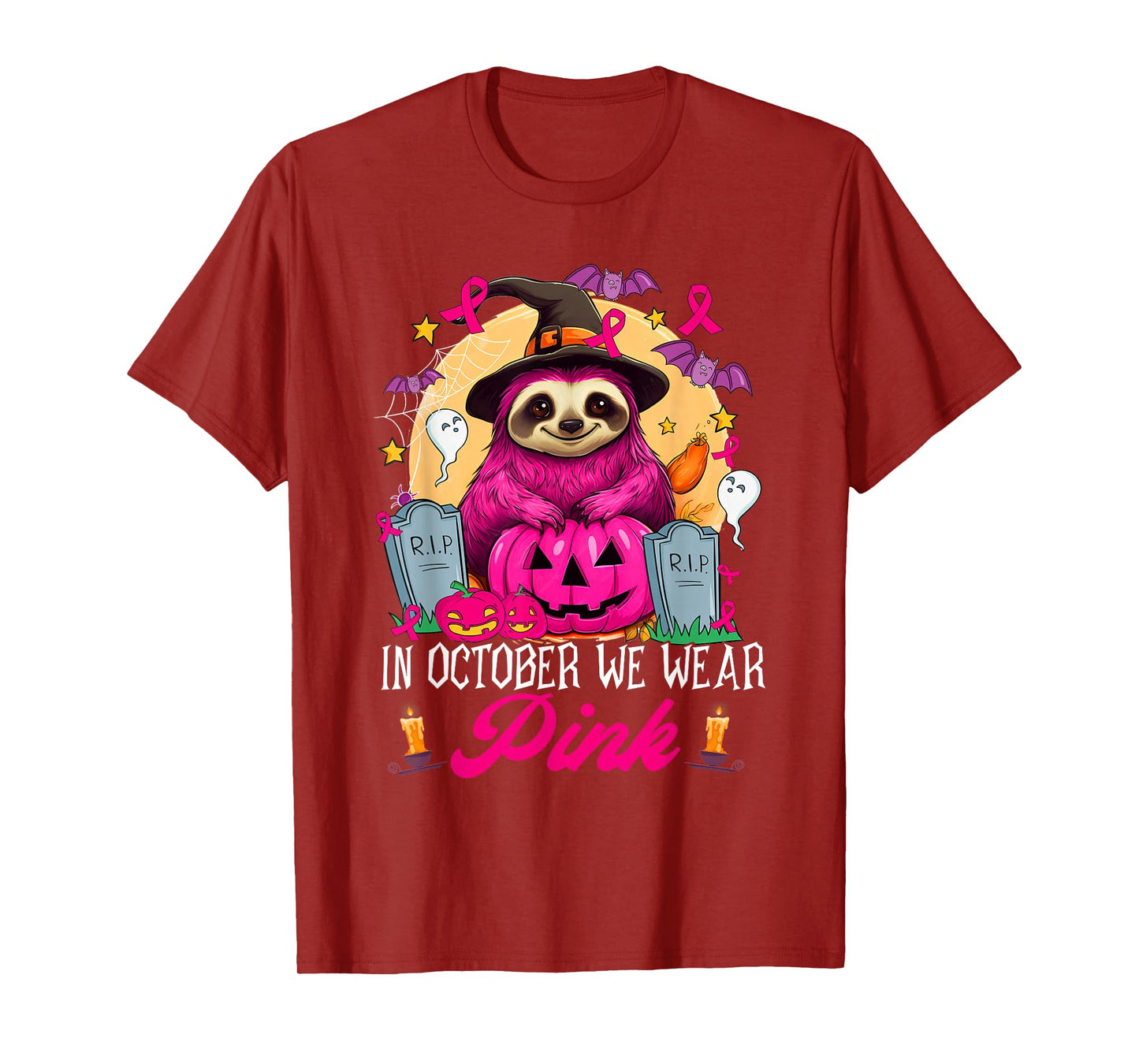 in October We Wear Pink Sloth Halloween Breast Cancer T-Shirt