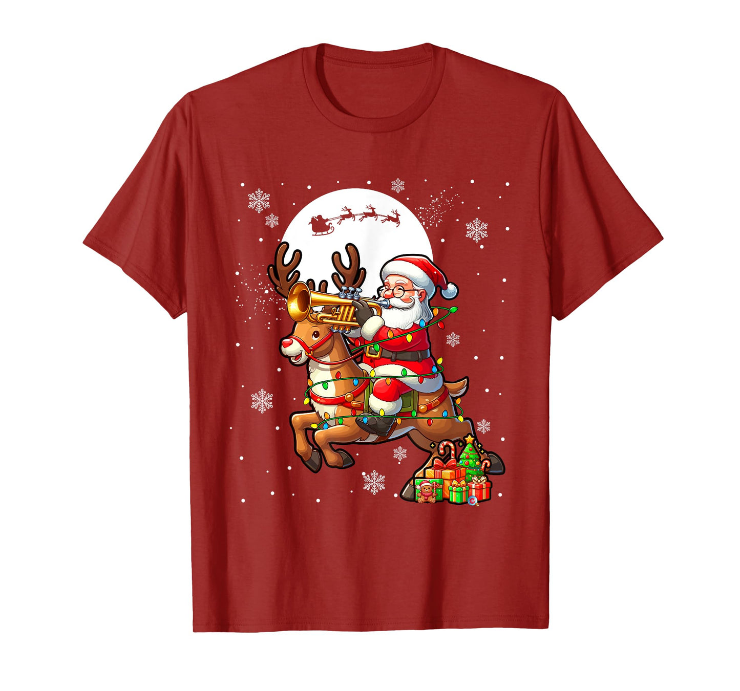 Santa Playing Trumpet On Reindeer Christmas Instrument T-Shirt