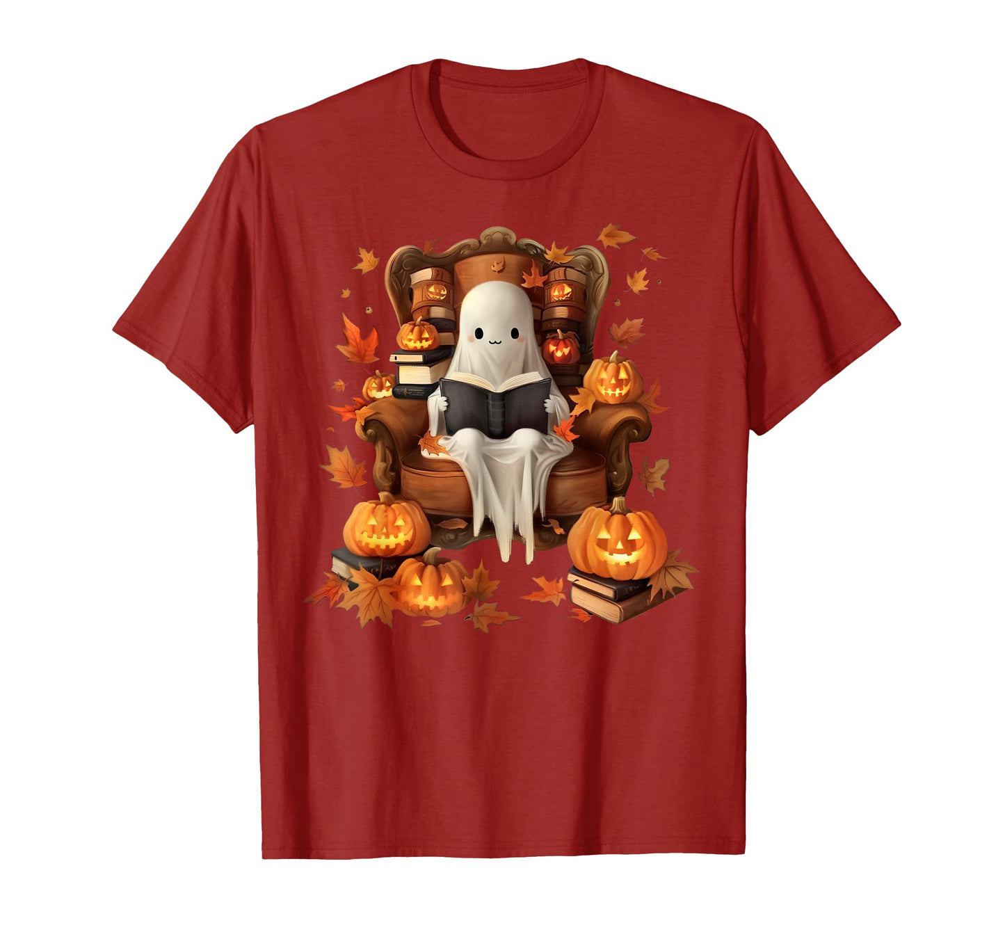 Vintage Ghost Book Reading Pumpkin Gothic Halloween Teachers T-Shirt for Men Women Kids