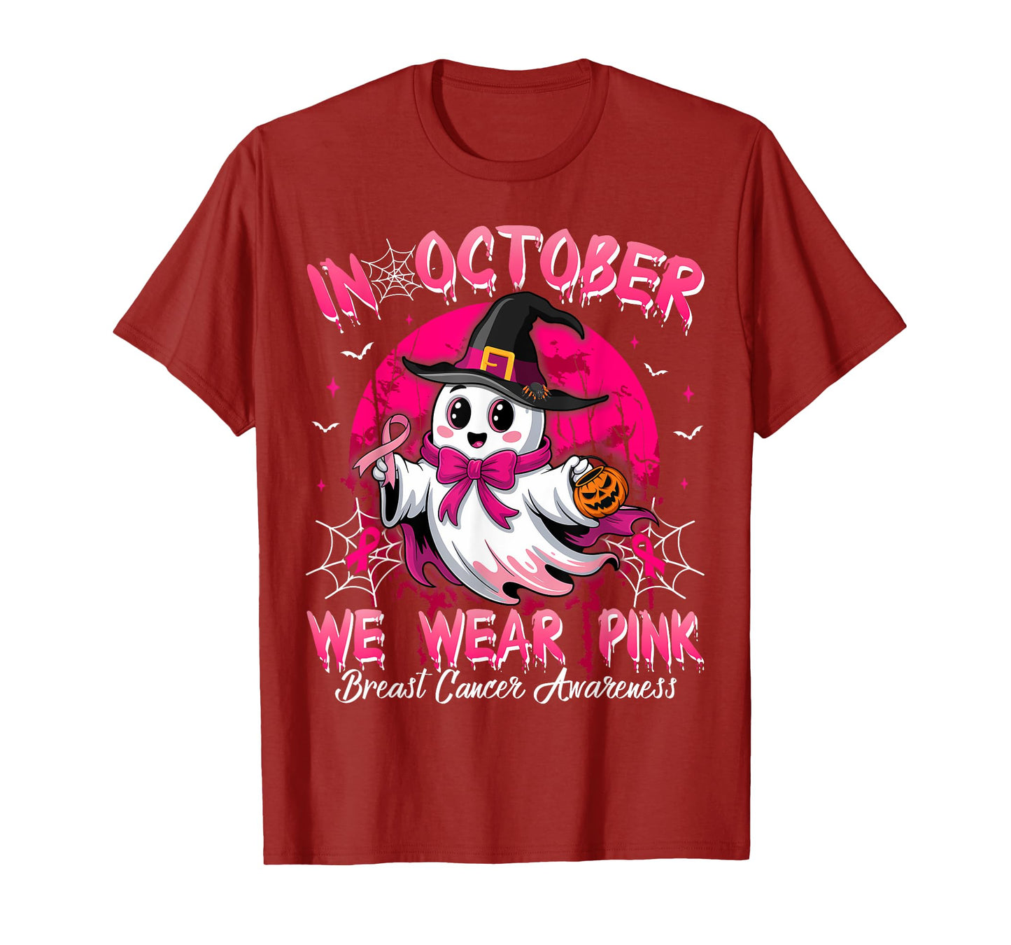 In October We Wear Pink Ghost Witch Breast Cancer Awareness T-Shirt