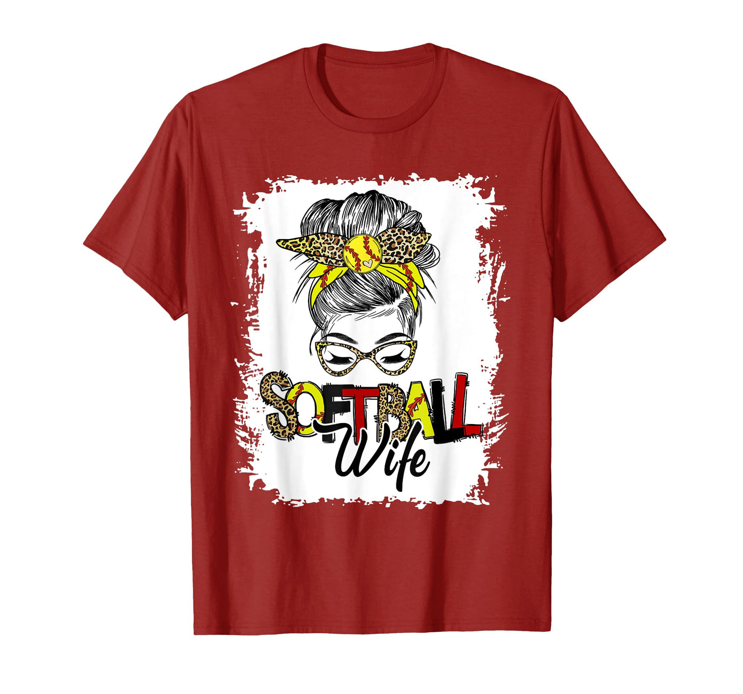 Softball Wife Life With Leopard Messy Bun Mother's Day T-Shirt