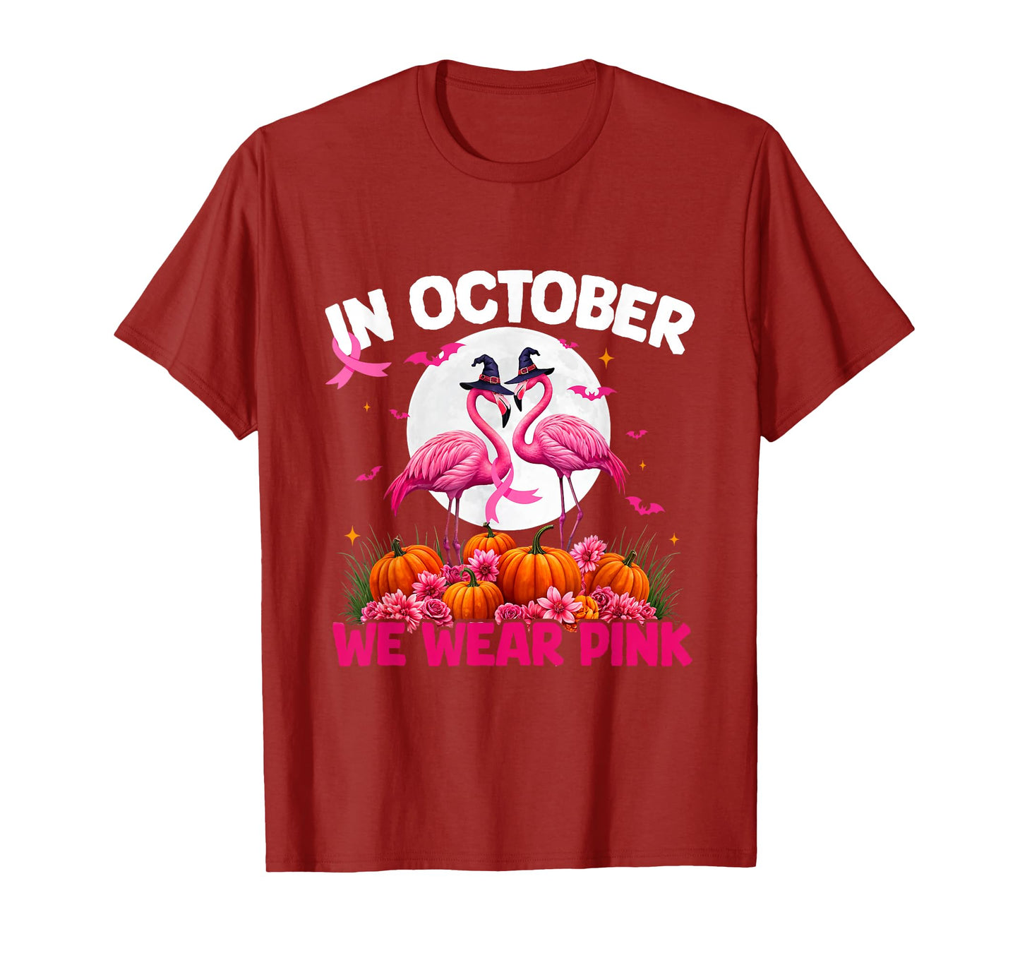 In October We Wear Pink Flamingo Witch Hat Breast Cancer T-Shirt