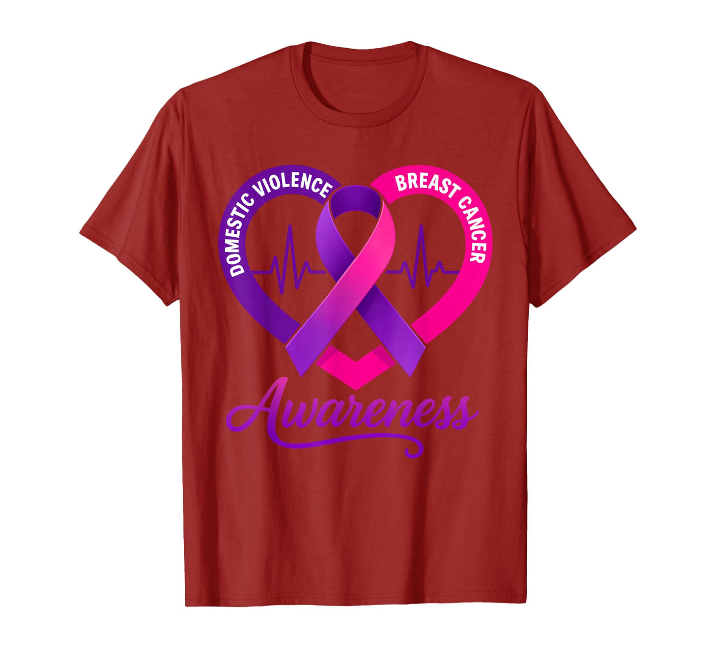 Domestic Violence Breast Cancer Awareness Ribbon Heartbeat T-Shirt