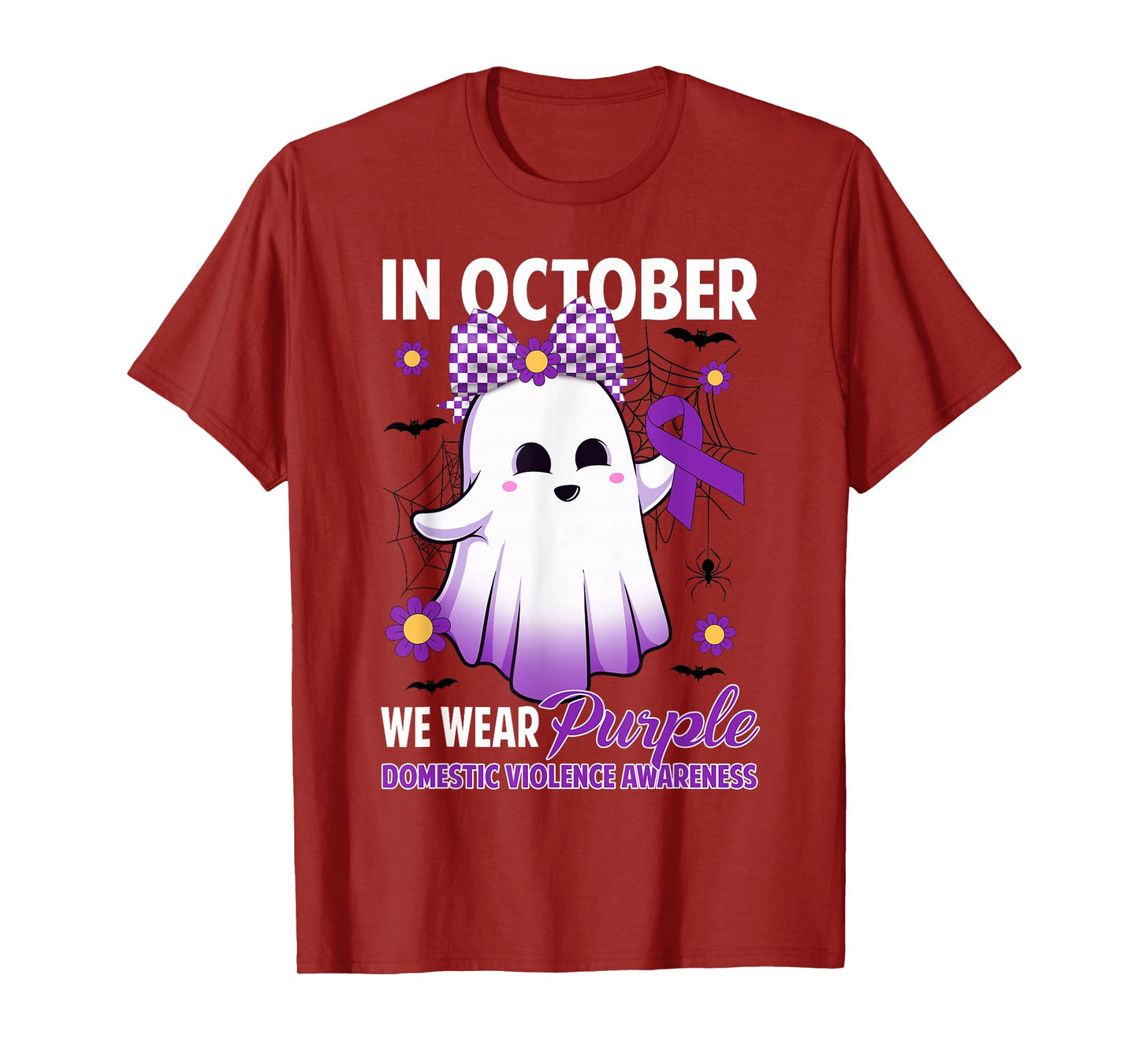 in October We Wear Purple Domestic Violence Halloween Ghost T-Shirt