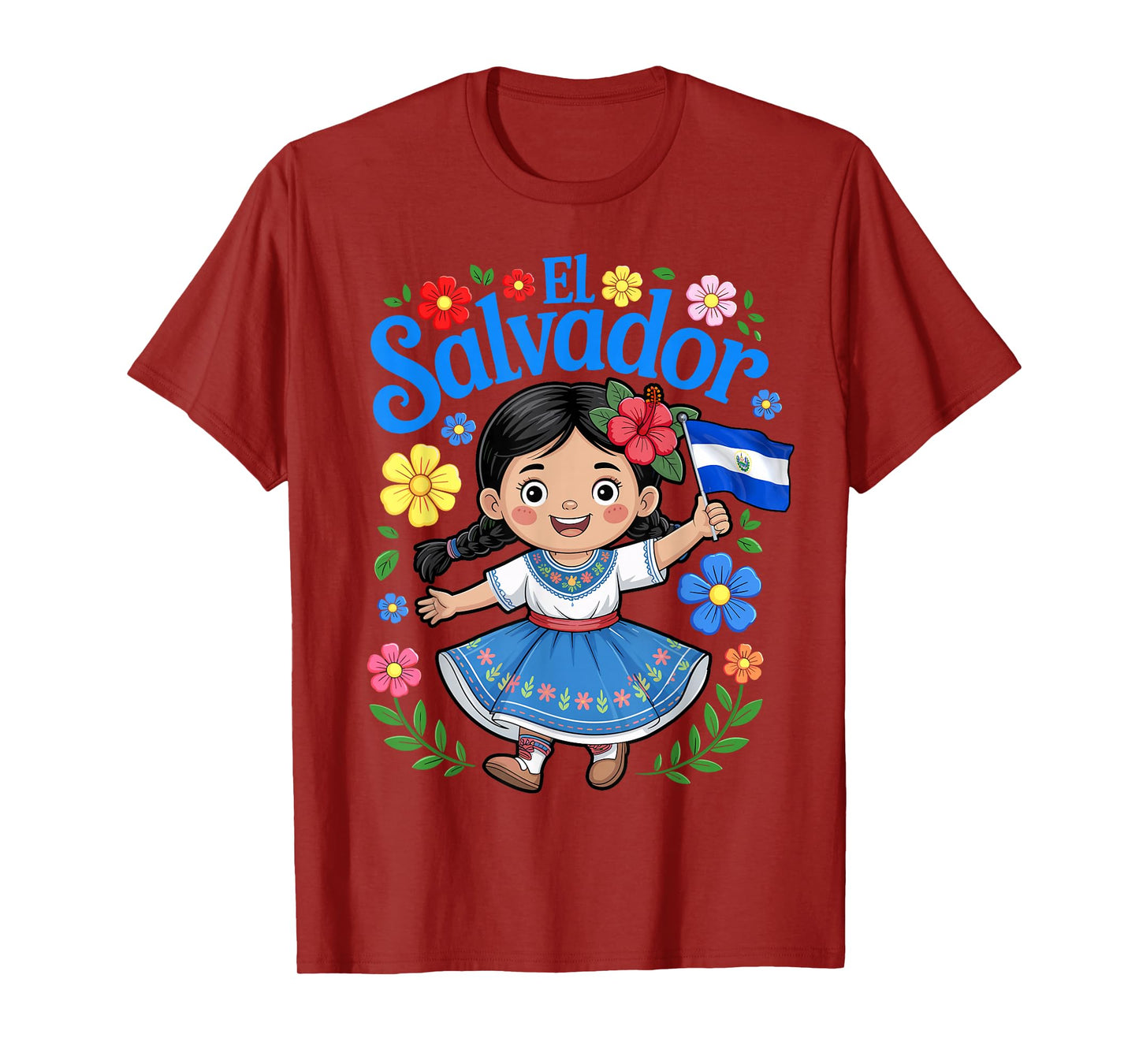 El Salvador Flag Girl Cute Floral Traditional Style for Kids T-Shirt