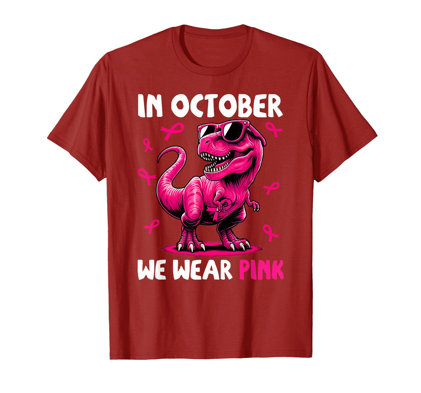 In October We Wear Pink Ribbon Breast Cancer Dinosaur T-Shirt