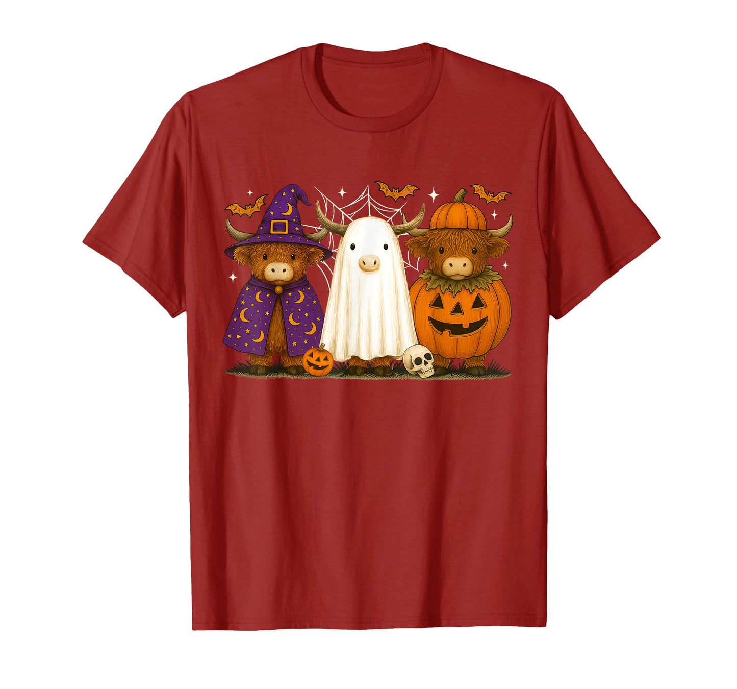 Retro Halloween Highland Cow Ghost Trick Or Treat Pumpkin T-Shirt