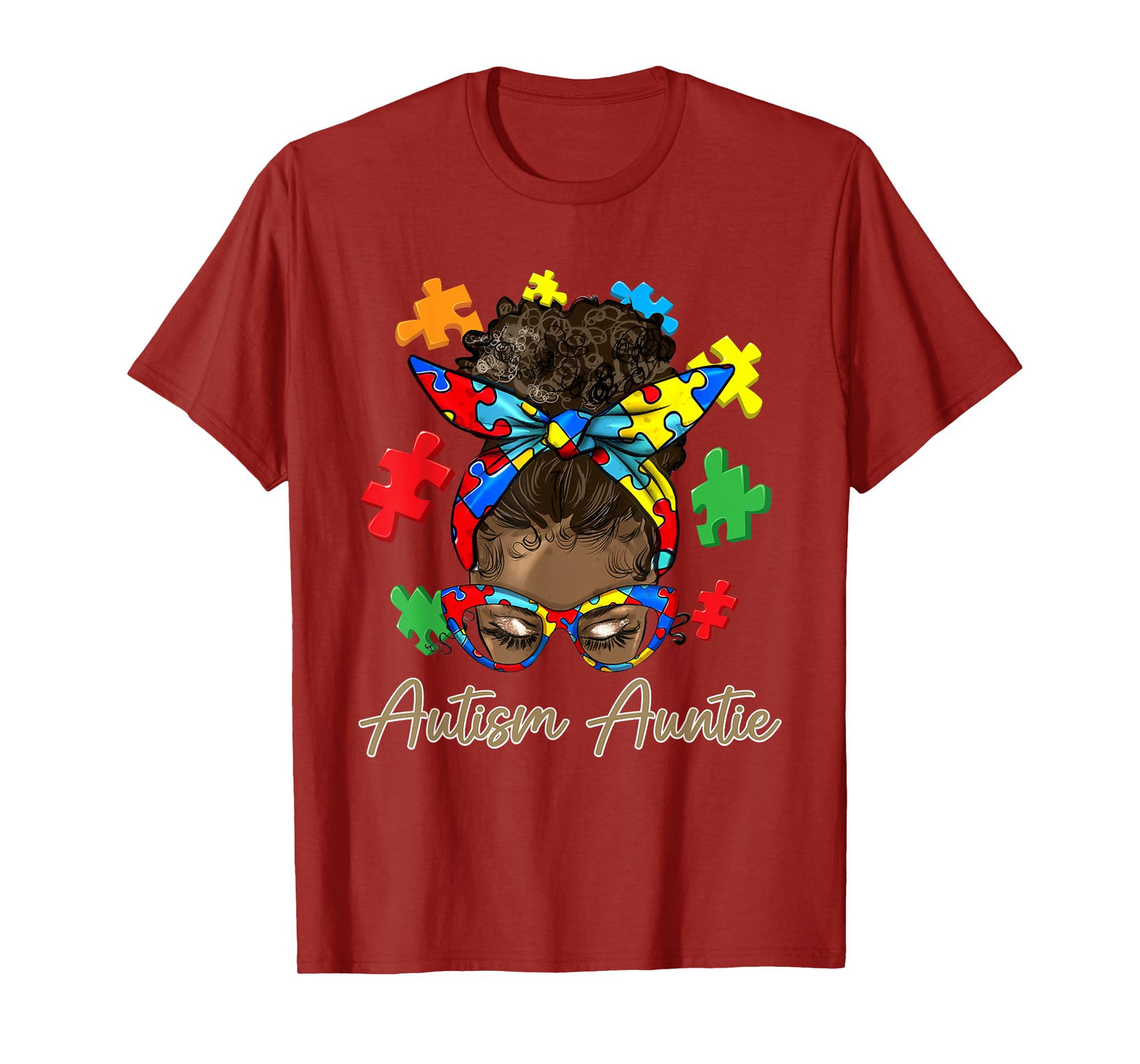 Autism Auntie Afro Black Women Messy Bun Autism Awareness T-Shirt