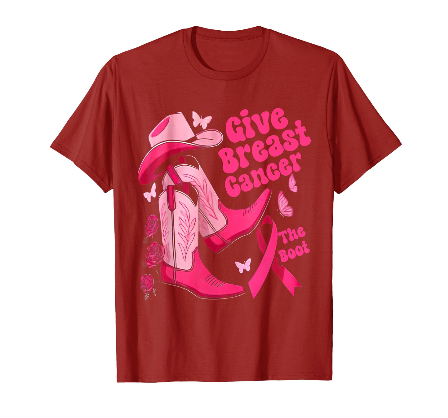Give Breast Cancer The Boot Pink Ribbon Western Cowboy Boots T-Shirt