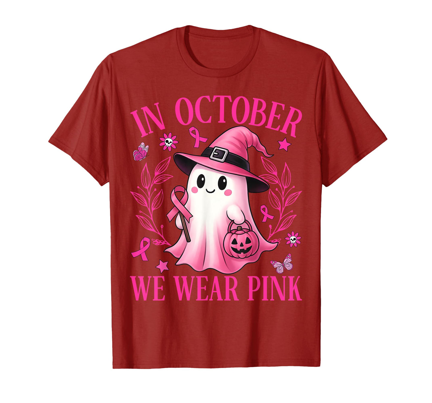 In October We Wear Pink Ghost Witch Breast Cancer Awareness T-Shirt