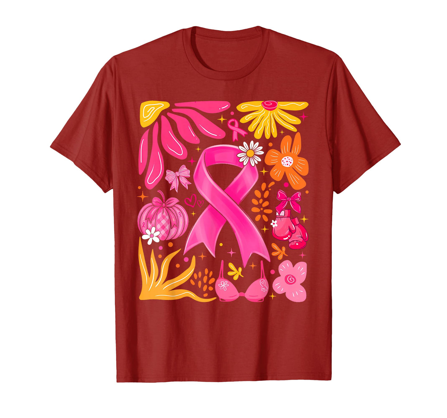 Pink Ribbon Boho Floral Breast Cancer Awareness Coquette Bow T-Shirt
