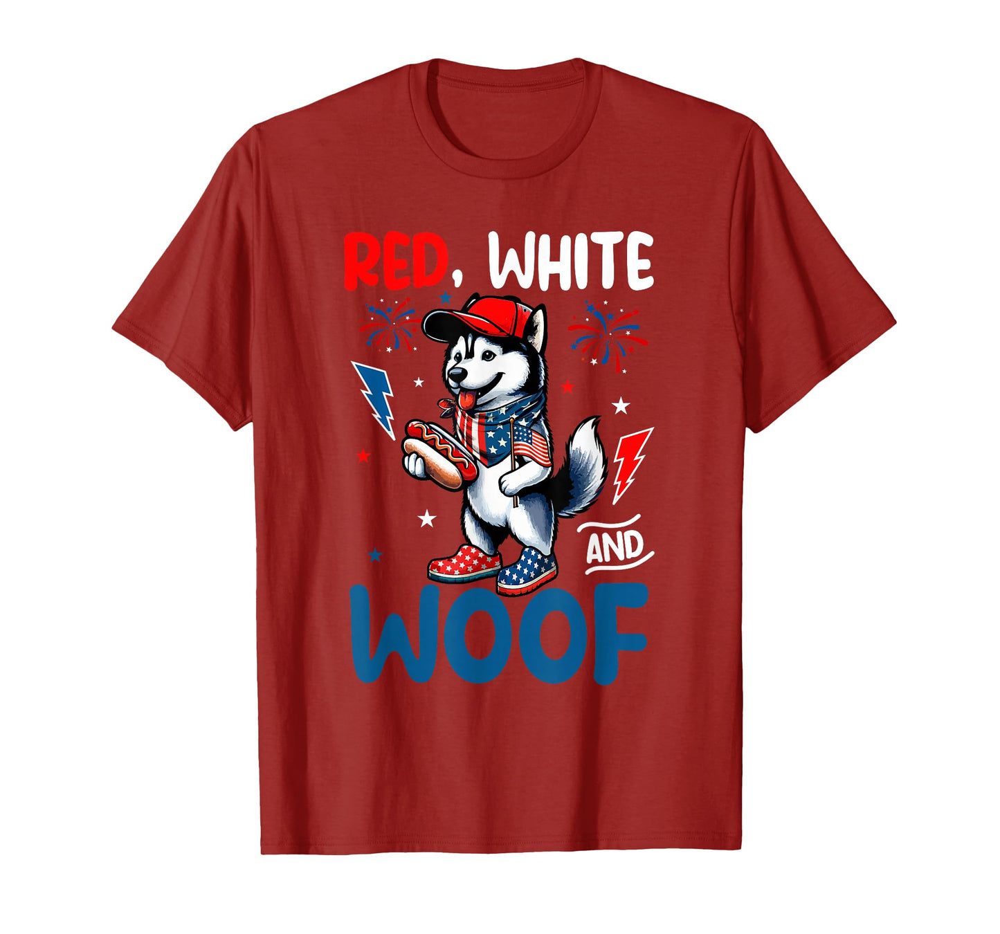 Red White And Woof 4th July US Flag Husky Eating Hotdog T-Shirt