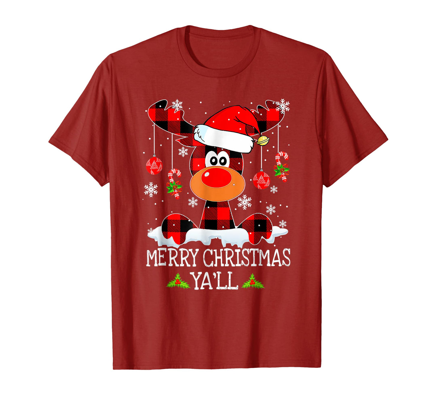 Merry Christmas Ya'll Reindeer Santa Hat Buffalo Red Plaid T-Shirt