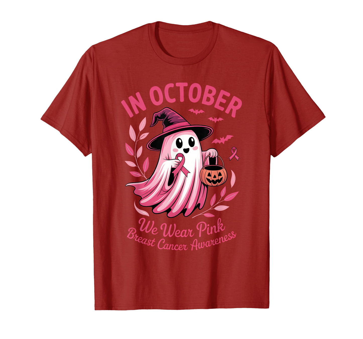 In October We Wear Pink Ribbon Ghost Halloween Breast Cancer T-Shirt