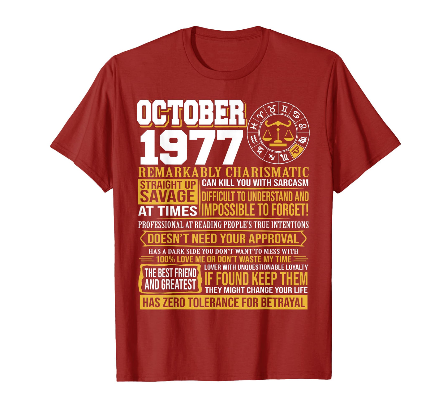 October Birthday Gifts - Born October Libra 1977 Funny T-Shirt
