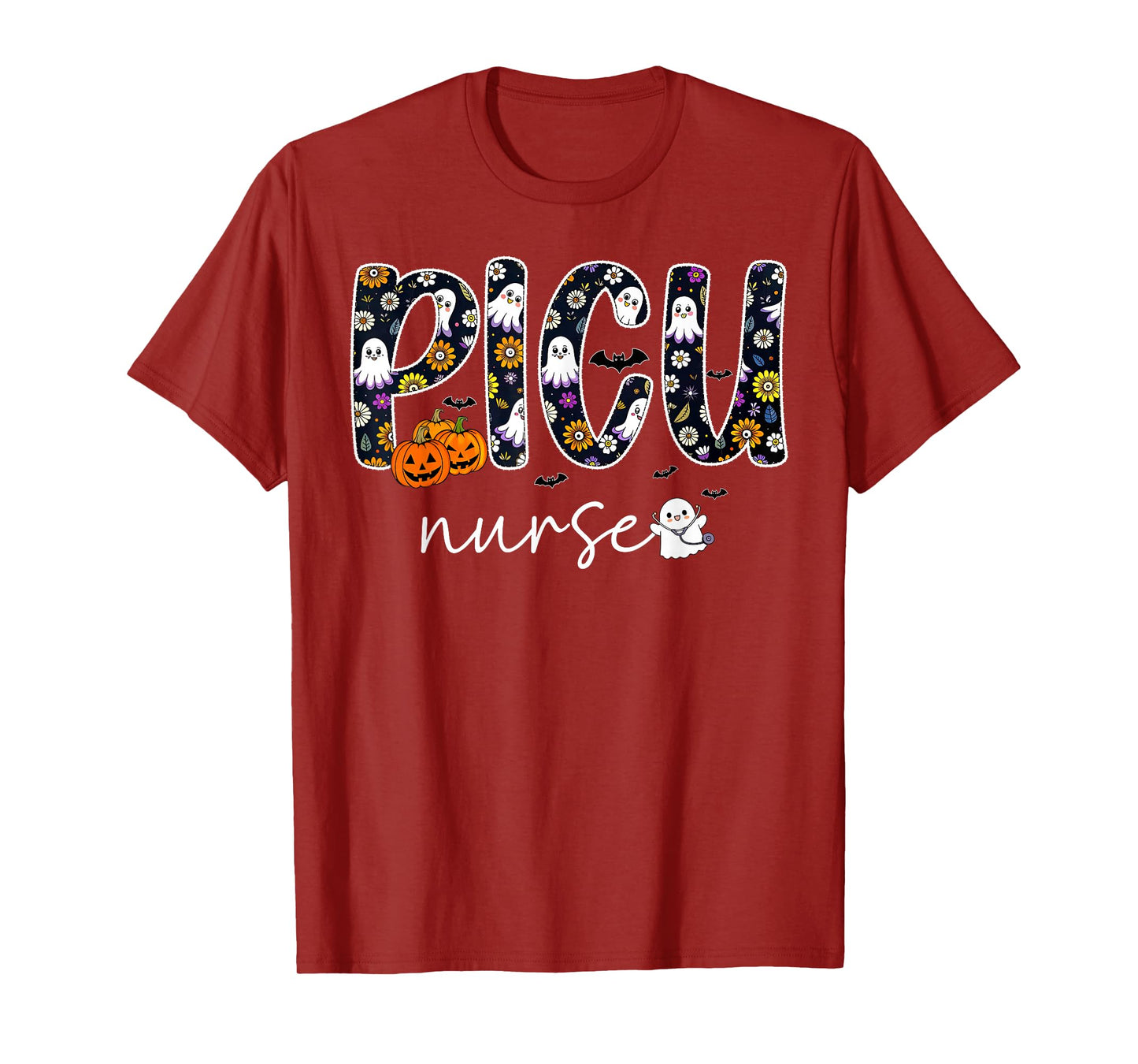 PICU Nurse Pumpkin Ghost Halloween Pediatric ICU RN T-Shirt